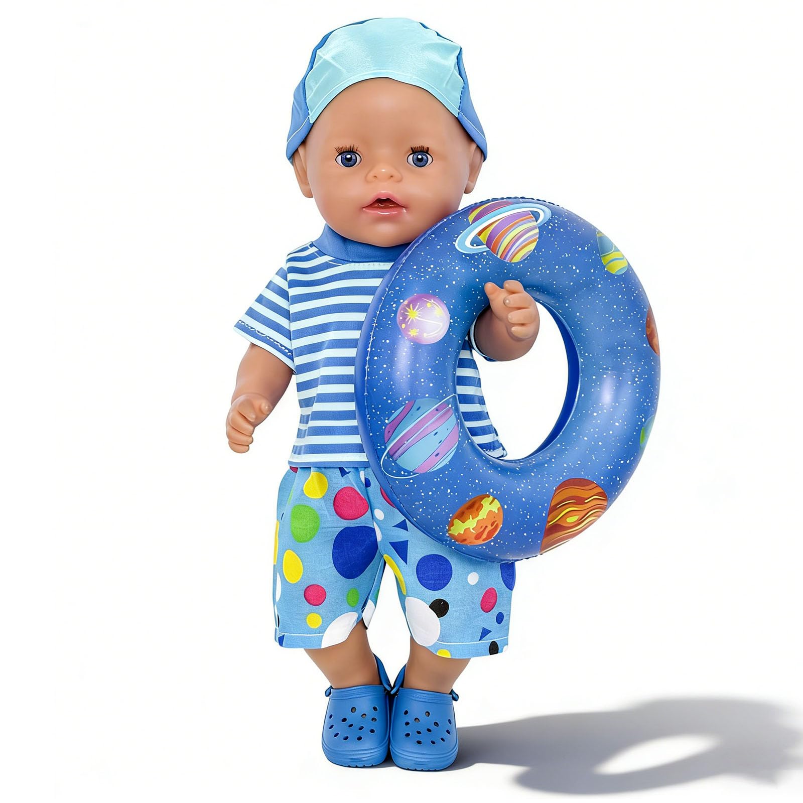 Lot de 6 maillots de bain pour poupées de 35 à 45 cm, motif bleu marine avec bonnet de bain, bouée, chaussures et lunettes de soleil pour poupées de 35 à 45 cm