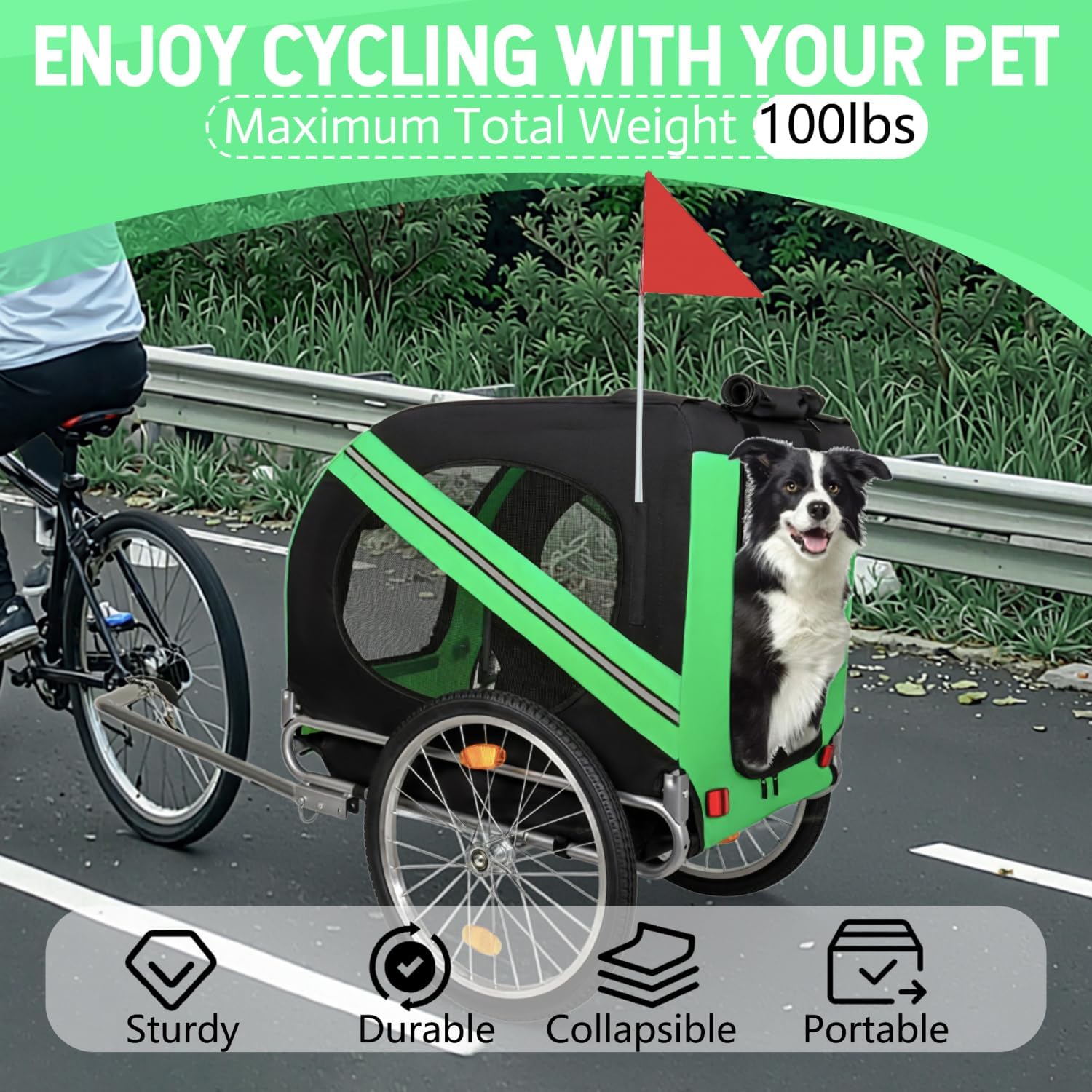Large Folding Bike Trailer for Dogs – 100Lb Capacity All-Terrain Pet Carrier, Steel Frame for Cycling, Jogging, Camping & Outdoor Adventures, Black- Green Outdoor Ready