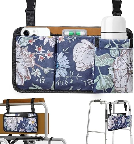 Rhino Valley Bolsa lateral para silla de ruedas, bolsa para silla de ruedas con múltiples bolsillos con soporte para tazas, accesorios para