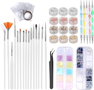 Conjunto de ferramentas de arte de unhas, ferramentas de pontilhamento de unhas, kit de design de arte de unhas com 15 pincéis de pintura de unhas, pinças, fita de pontilhos, decoração de strass, kit de papel de folha de estanho para