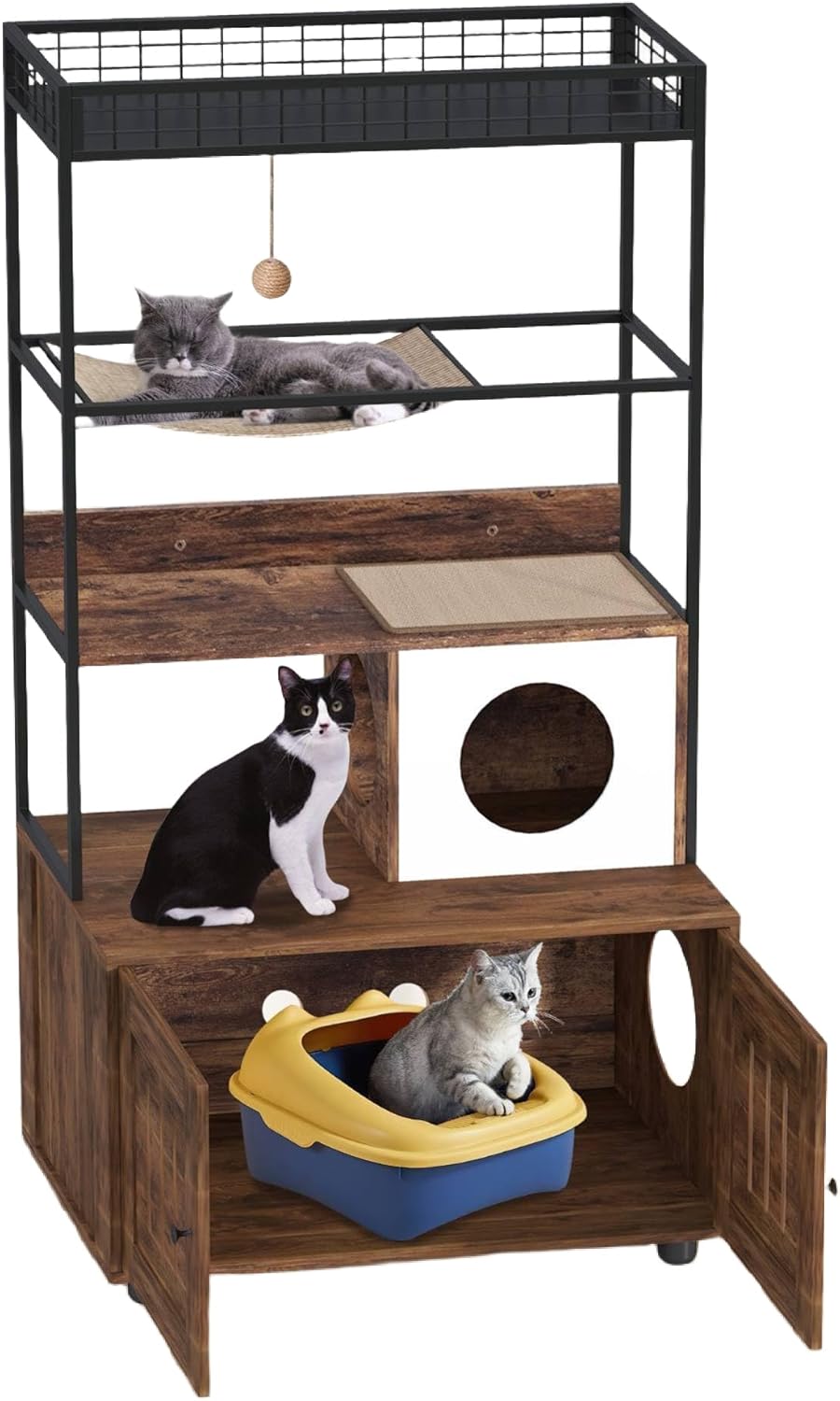 Cat Tree with Litter Box Enclosure, 60'' Wooden Cat House with Storage Shelf, Sisal Hammock, Condo and Play Ball, Hidden Kitty Litter Box Cabinet, Reversible Entrance