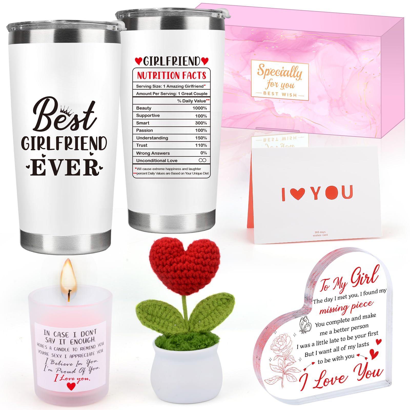 Navdrivl Gifts for Girlfriend, Birthday Gifts for Girlfriend Women Her, 1 Year Gifts for GF Anniversary, 6PCS Best Girlfriend Ever Tumbler Acrylic Plaque Gift Set, I Love You Presents Couple