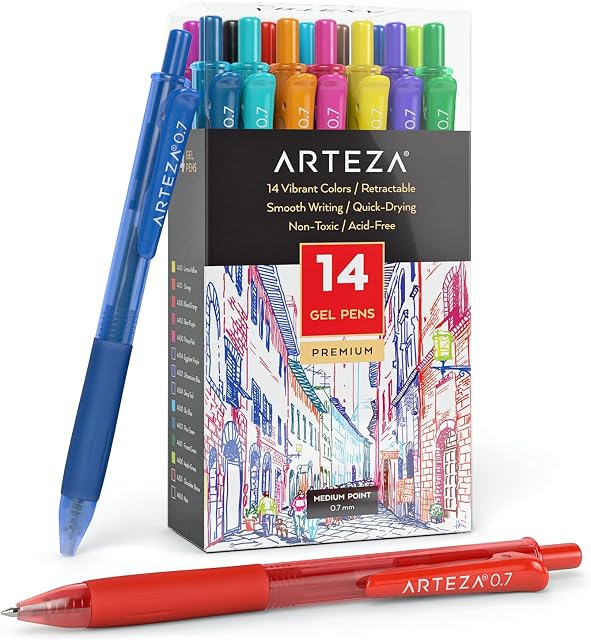 ARTEZA Coloured Gel Pens, 14 Pack of Assorted Colours, 14 Unique Vibrant Colours, 0.7 mm Fine Tip, Retractable, For Journaling, Drawing, Doodling, and Notetaking