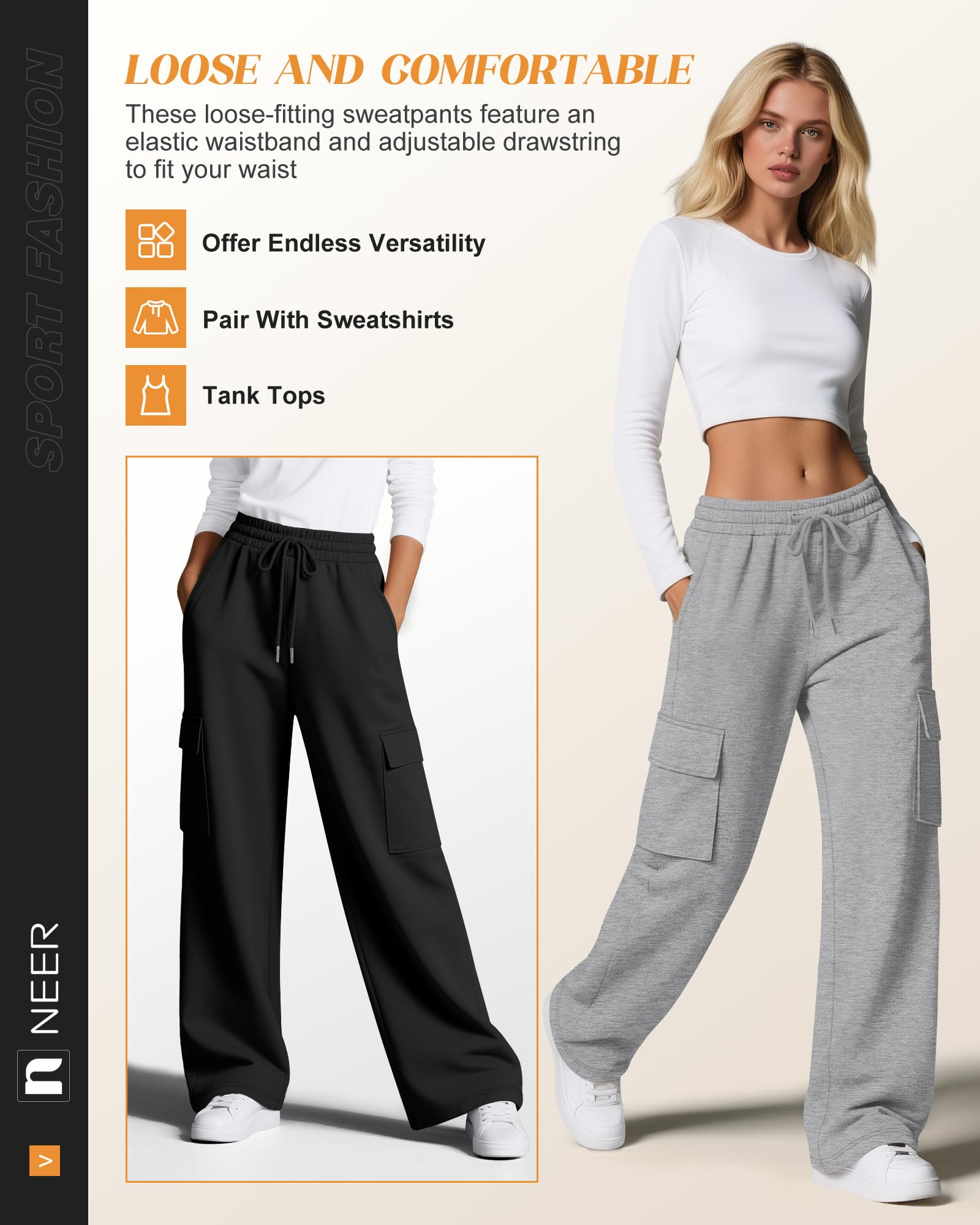 Neer Lot de 3 Jogging Cargo pour Femme Pantalon de Survêtement à Jambes Larges et Ample Décontracté et Sportif avec 4 Poches