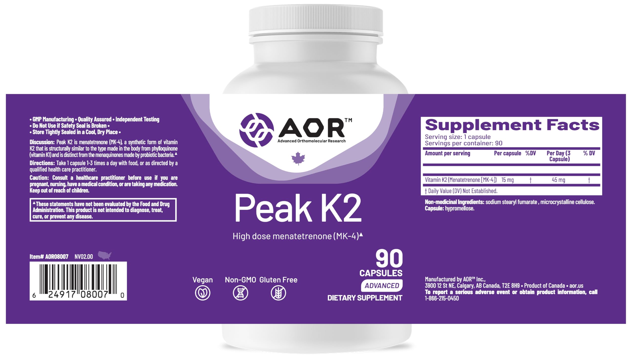 AOR Peak K2 Vitamin K2 MK-4, 15 mg per Capsule, 90 Vegan Capsules — Amazon image 9