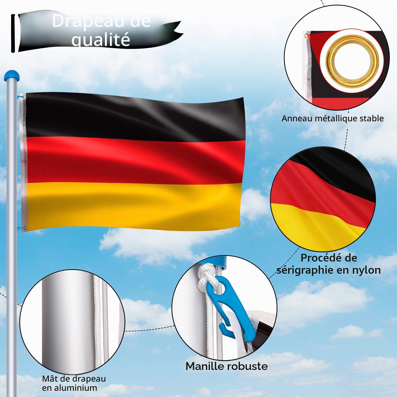 Mât de drapeau stable de 6,5 m avec drapeau de l'Allemagne et câble - Hauteur réglable - En aluminium