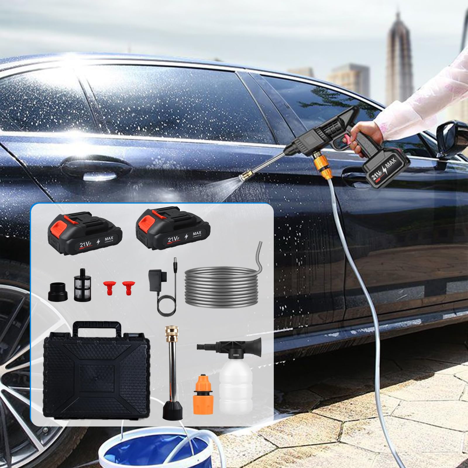 Pulitore ad alta pressione senza fili, idropulitrice portatile per patio e auto, pulitore a getto senza fili ad alta pressione con tubo da 5 m e 2 batterie ricaricabili per la pulizia e l'irrigazione