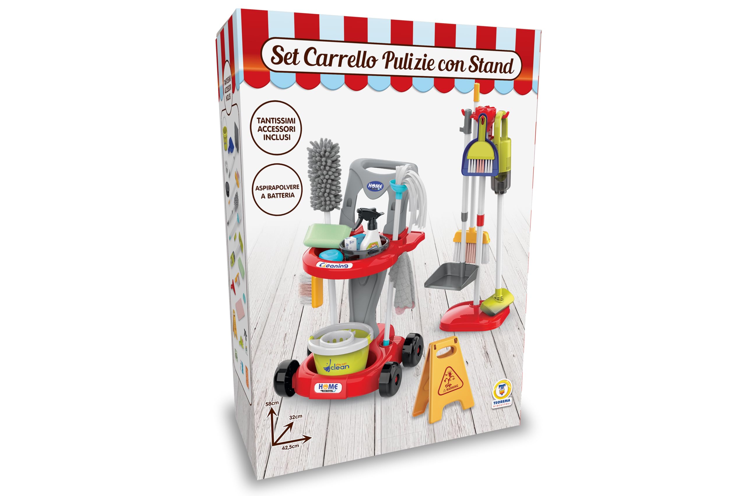 Teorema Giocattoli, Wagen für Kinder mit Werkzeugständer, komplettes Reinigungsset mit funktionierendem Akkusauger, Besen, Mopp und viel Zubehör, Nachahmungsspiel, 58 cm