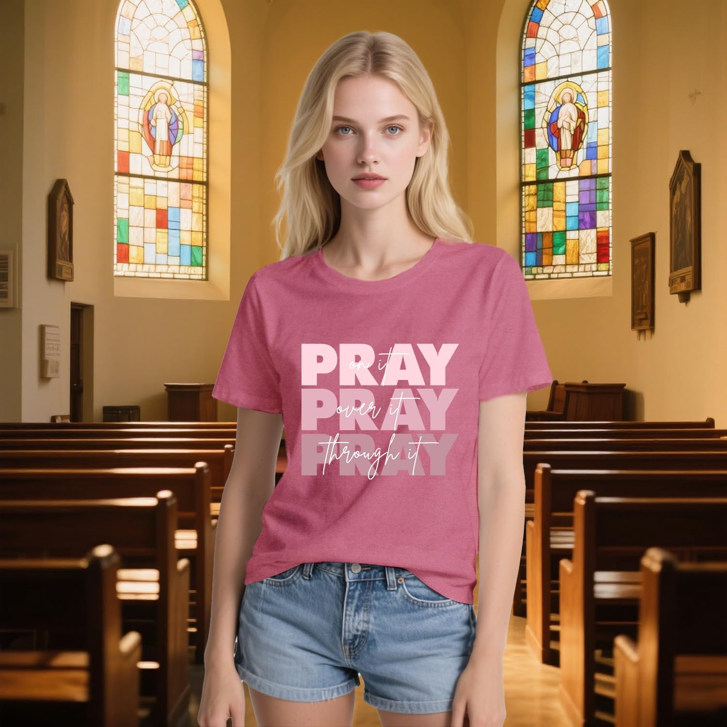 Christian Shirts for Women Religious T-Shirt Pray On It Pray Over It Pray Through It Tee Tops - Image 2