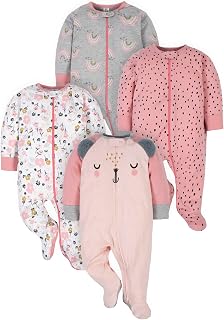 Gerber Baby Girls 4 Pack Sleep 'n Play Footie Pajamas - 100% Cotton, Zipper Front, Soft Newborn Sleepers