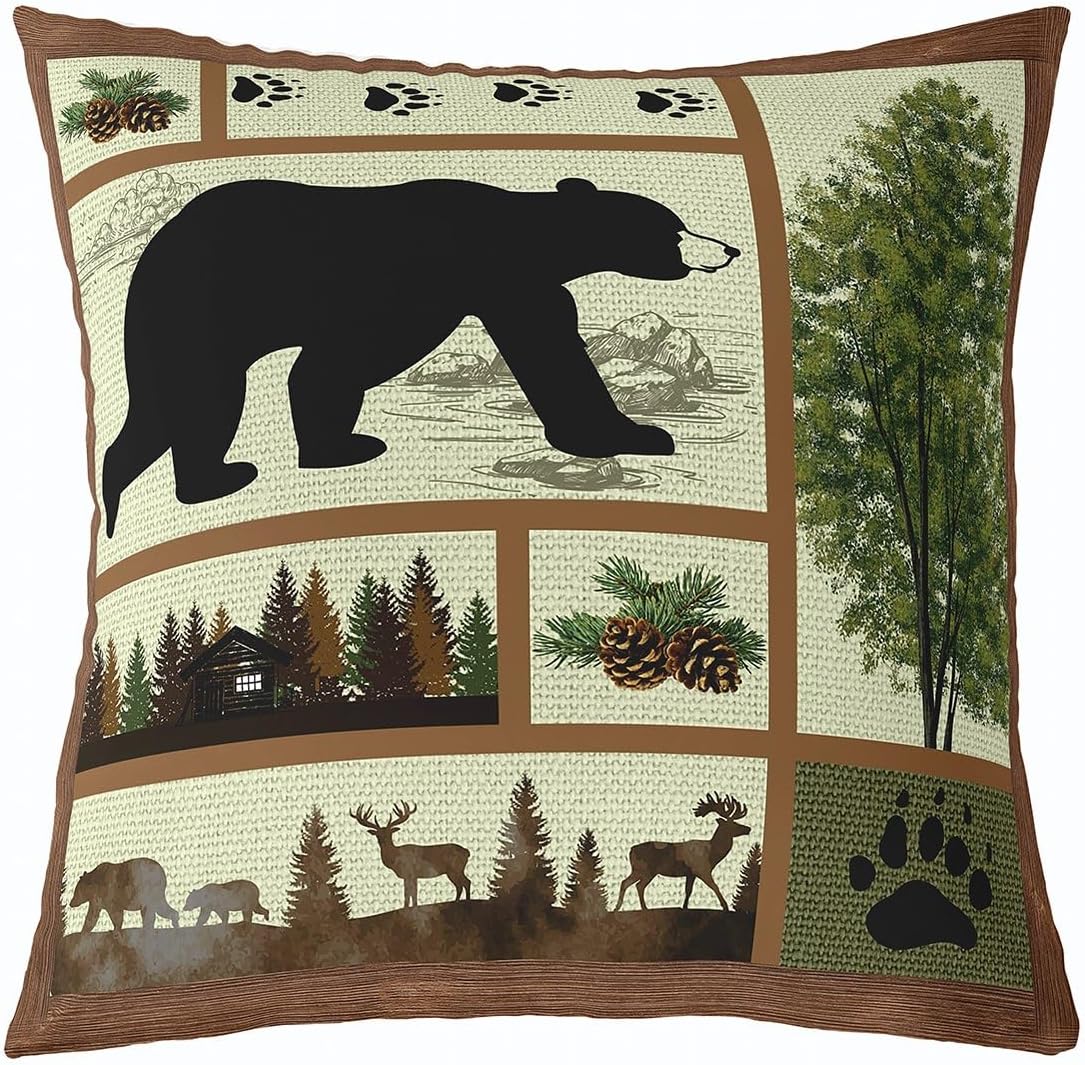 Feelyou Vintage Bear Throw Pillow Covers 20"x20" Set of 4 Soft Kids Cabin Deer Hunting Decor Pillowcases for Boys Girls Teens Farmhouse Wolf Moose Animals Green Cushion Case Room Decor