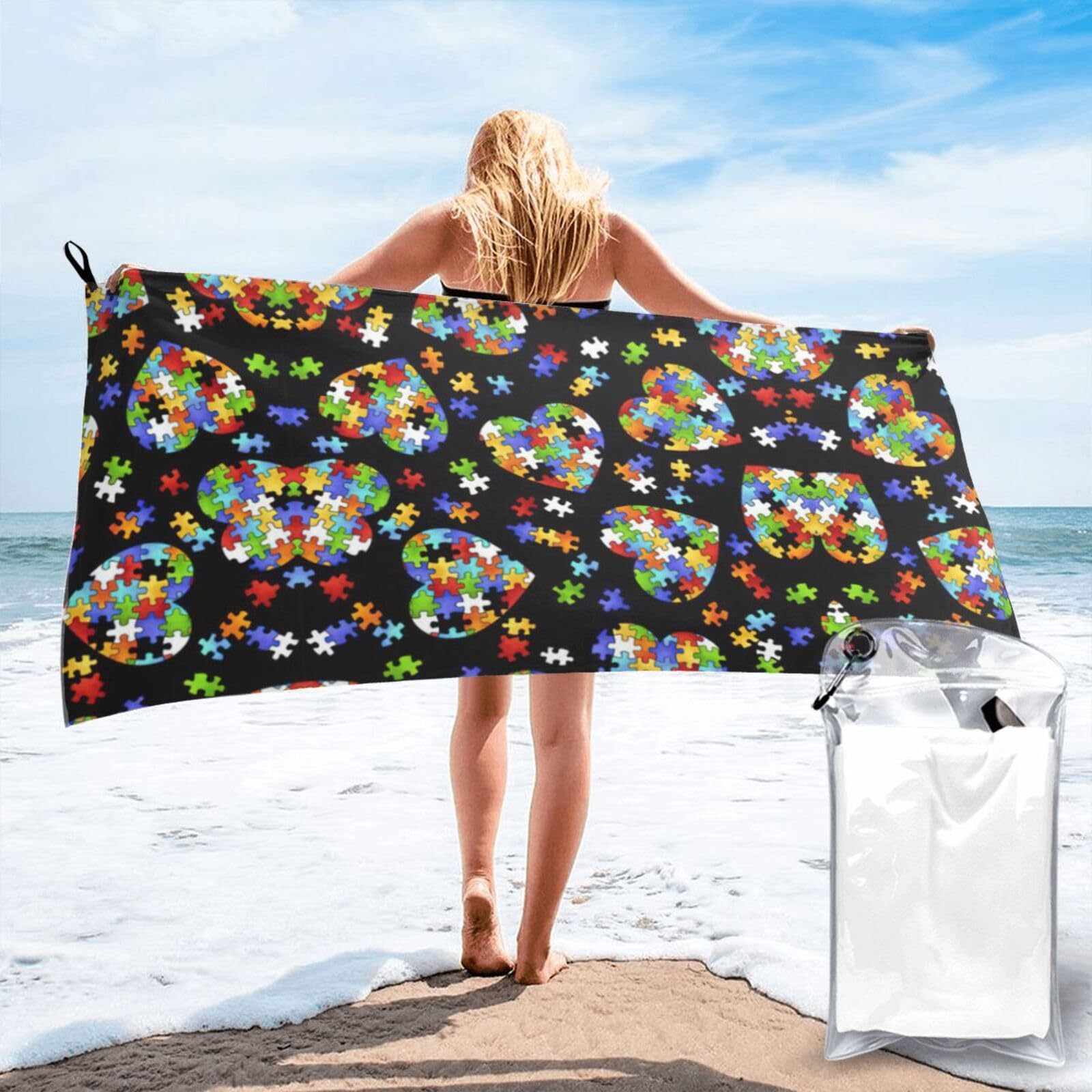 SDEGTHO Autism Awareness Puzzle Pieces Heart Print Beach Towel Quick Dry Portable For Swimming Yoga Adults Fitness