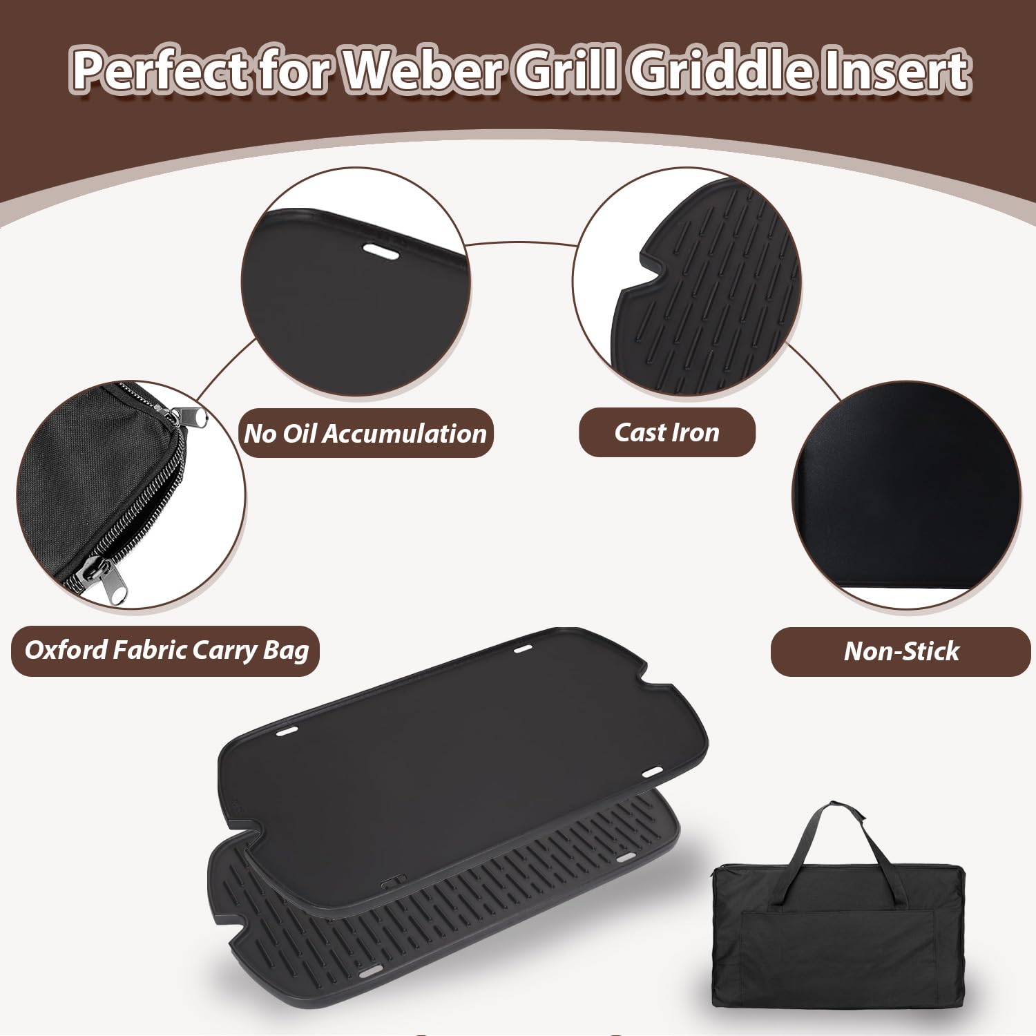 Plancha para Weber Traveler Grill 9010001 9020001 9030001, 7034 Piezas de repuesto de inserto de plancha de hierro fundido para Weber Traveler 9013001 9011701 Accesorios de plancha con bolsa de 8