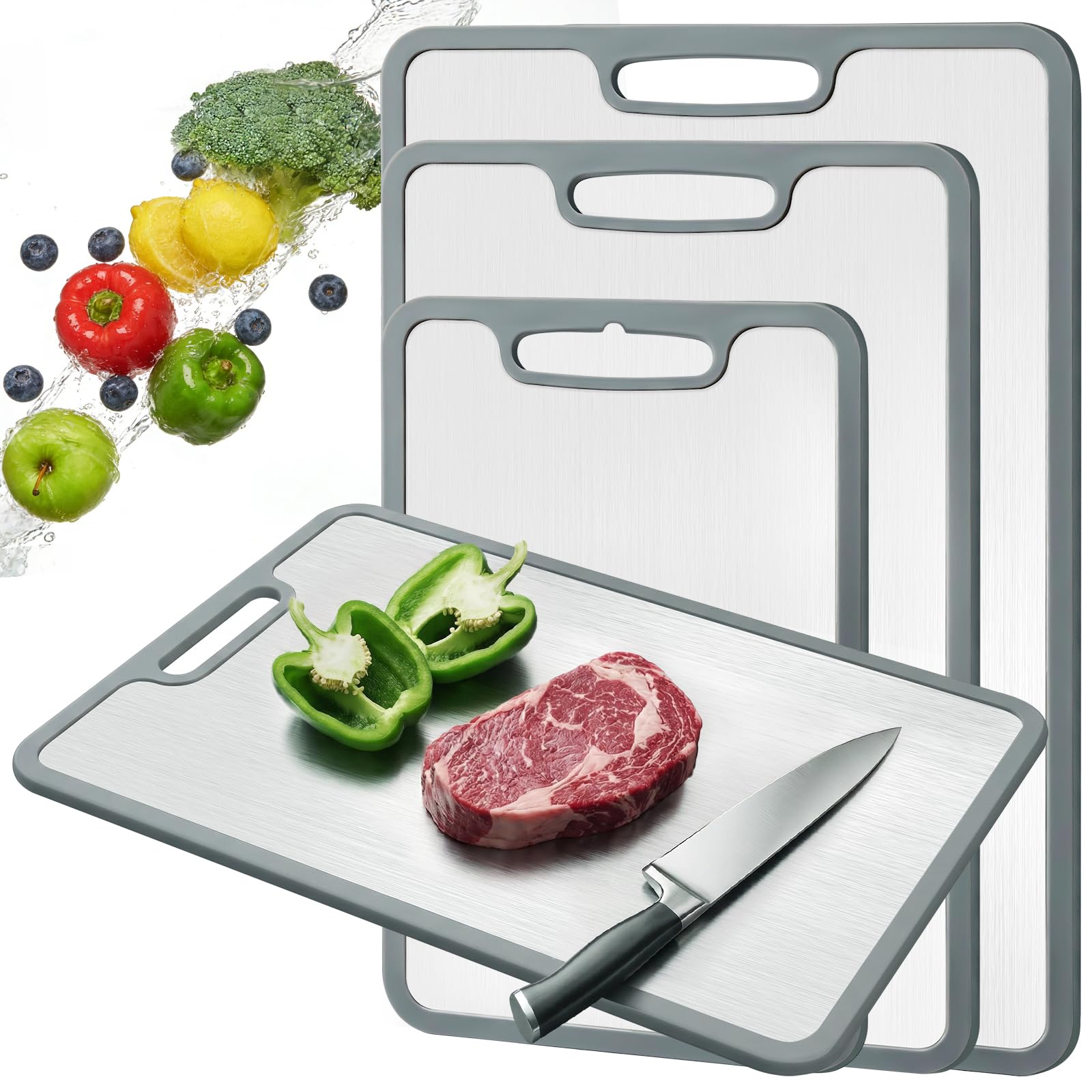 3 Stück Schneidebrett Titan Set, Schneidebrett Edelstahl mit Rutschfesten | Silikonecken Doppelseitiges & BPA Frei, Stainless Steel Cutting Board für Gemüse Fleisch Obst Brot Fisch Käse