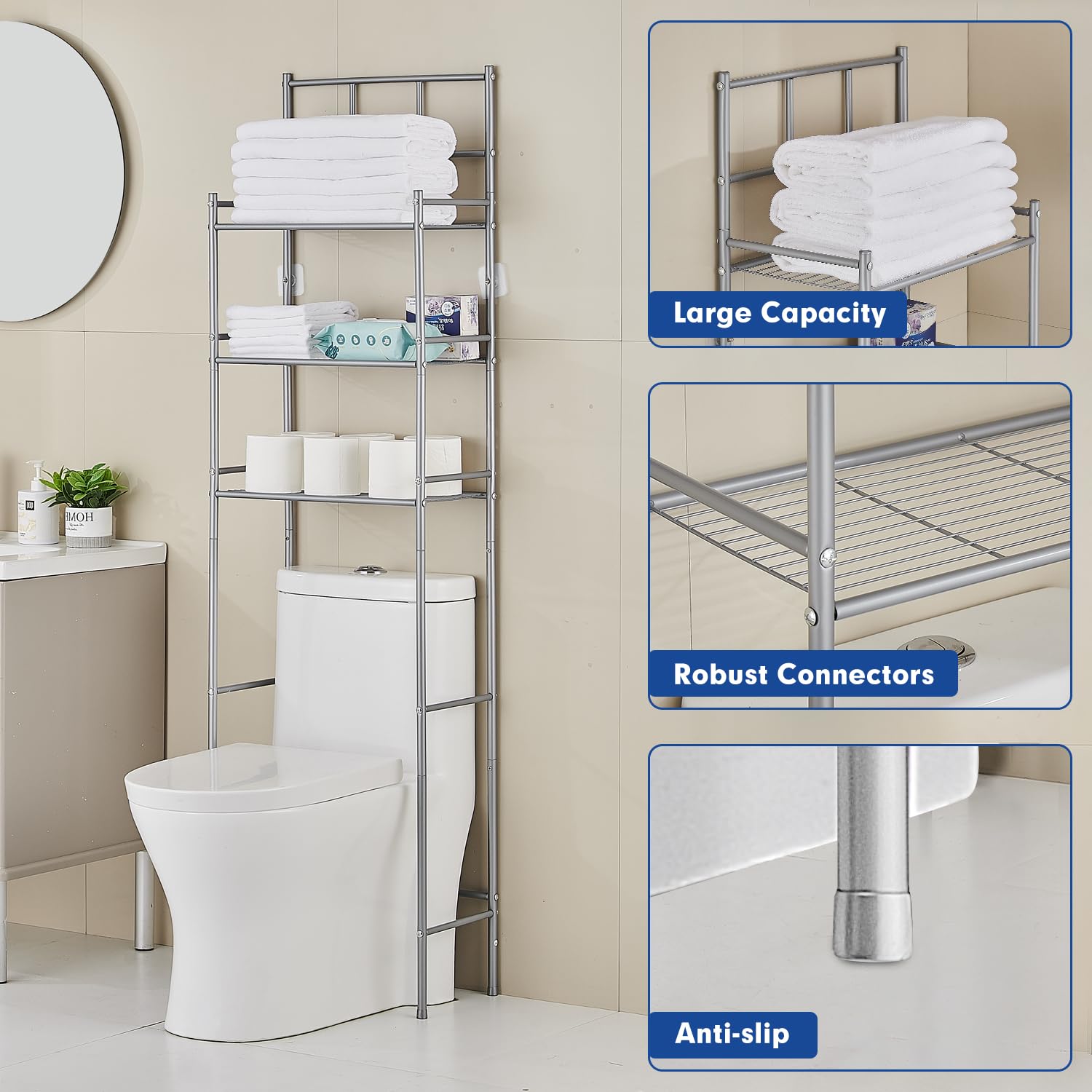 Toilettenregal, 3-stöckiges Badezimmerregal, WC Regal über die Toilette, Toiletten Regal für das Badezimmer, Platzsparend, Grau