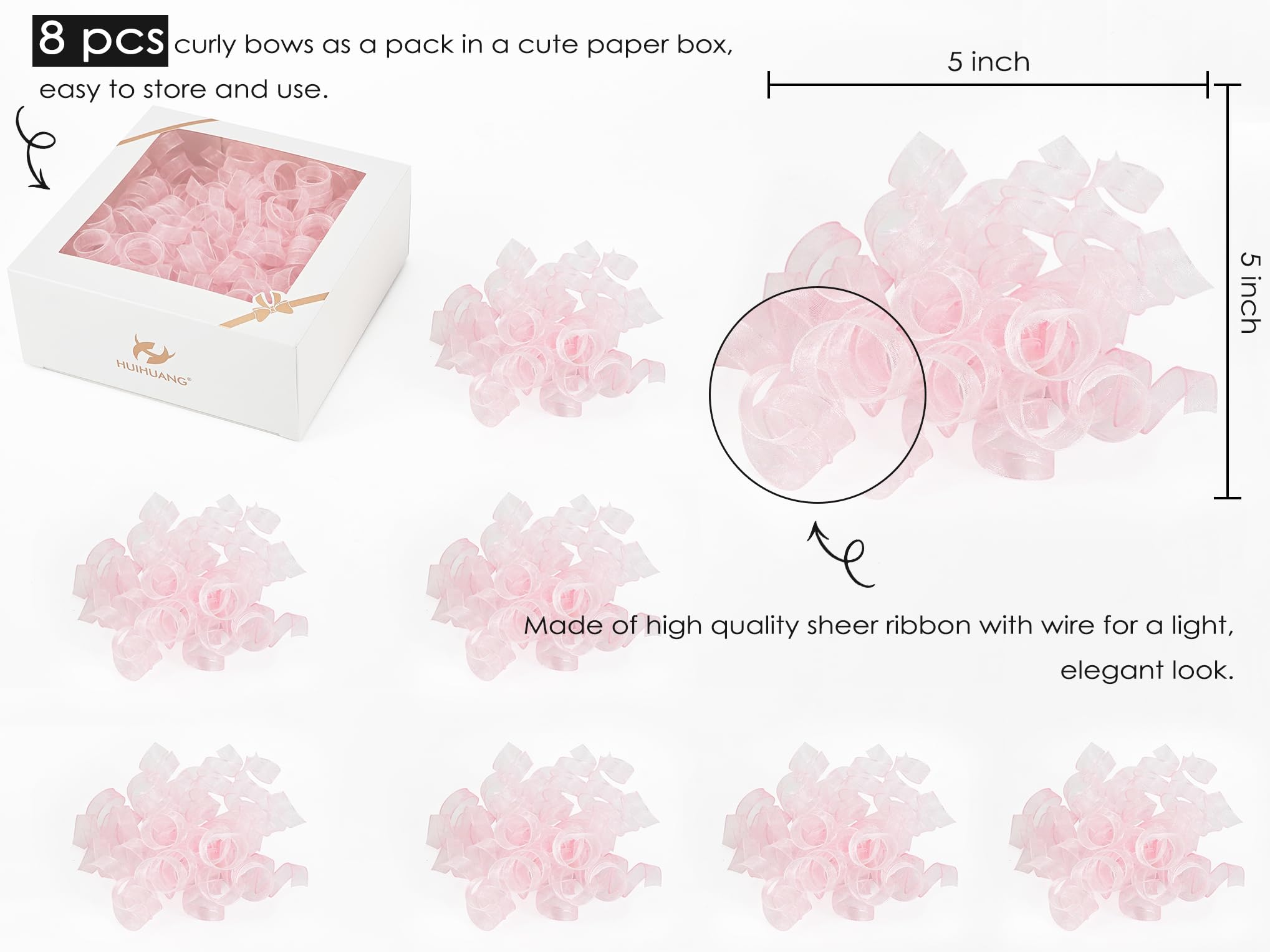 HUIHUANG Rosa Schleifen zum Verpacken von Geschenken, rosa gelockte Geschenkschleifen, 12,7 cm x 8 Stück, selbstklebende gelockte Schleife für Geschenke, Papiertüten, Babyparty-Geschenke