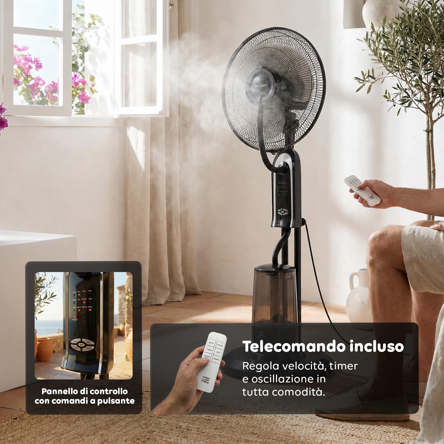 Wintem - Ventilatore a Piantana Silenzioso con Nebulizzatore e Telecomando – Serbatoio 3,2L, 8h Nebulizzazione – 3 Velocità, 3 Modalità Brezza, Oscillante, Timer 7,5h – 75W, Pale 40 cm