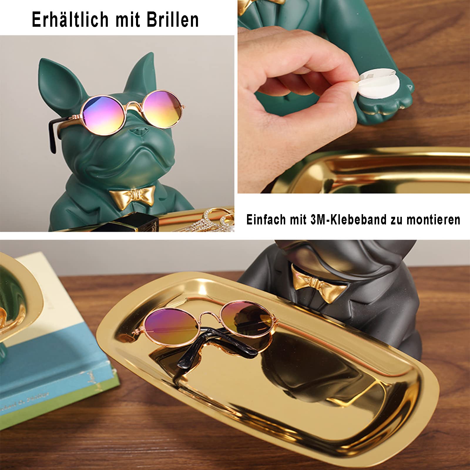 Scultura Di Bulldog Francese Con Vassoio - Portachiavi Con Statua Di Cane In Resina~p148942419