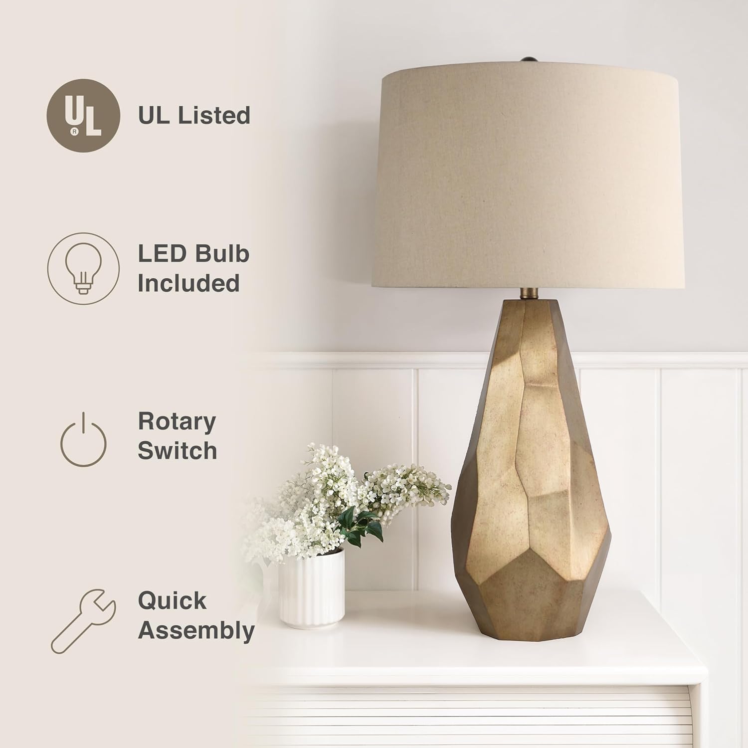 Abani Table Lamp Lia Faceted 31.5” – Modern Glam Gold Resin Base with Wheat Linen Shade – E26 Bulb Included – Elegant Desk Lamp for Bedroom, Living Room Lamp, Dorm or Nightstand