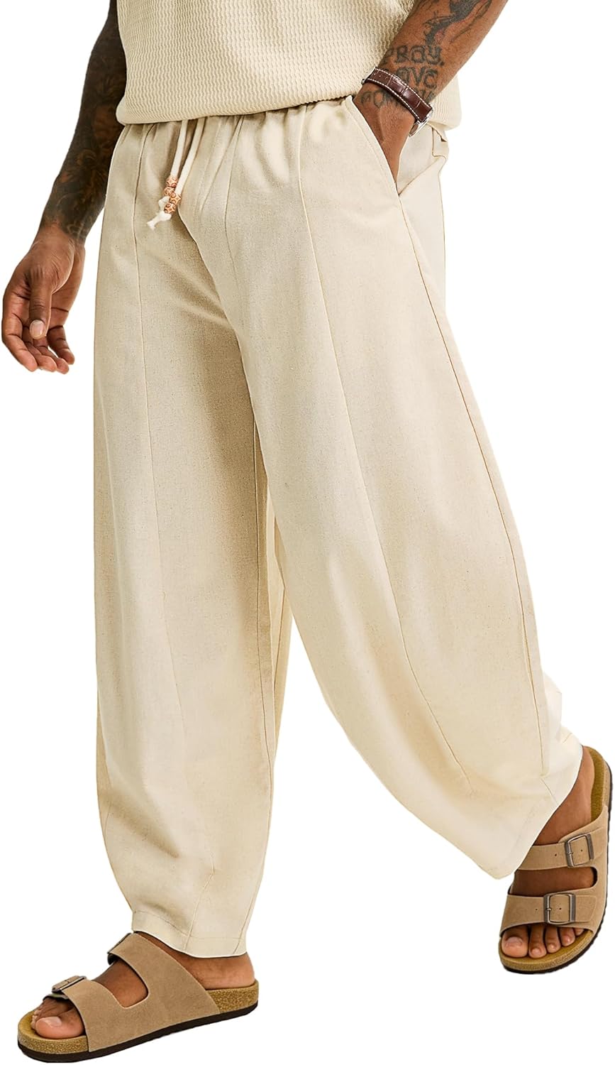 JEMLDL Men's Baggy Cotton Linen Pants Pleated Barrel Leg Trousers Drawstring Summer Beach Casual Pants - Image 3