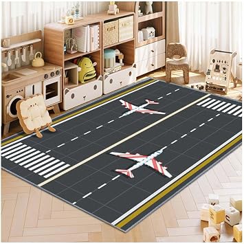 Kids Rug,Childrens Room Rug, Fun Airport Kids Play Mat,Aerodrome Traffic System Playmat Carpet, Rail City Living Carpet, Washable Non-Slip Childrens Mat Airstrip, 31x47in
