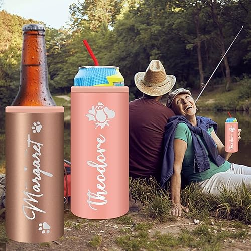 Miniatura 6 de Enfriador de latas personalizado grabado de acero inoxidable personalizado de 12 onzas, funda delgada para latas con nombre, soportes de cerveza de