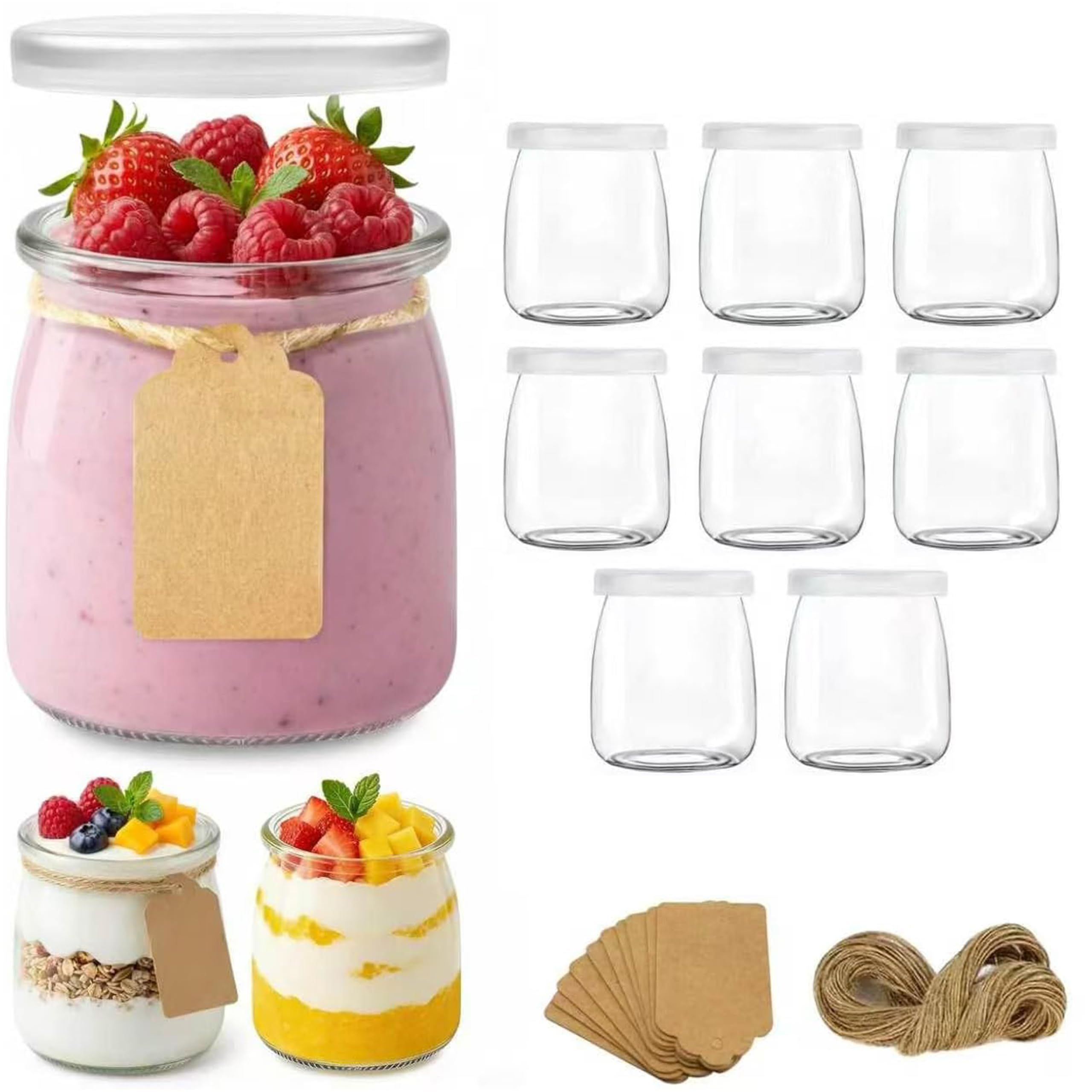Hbazzor 200 ml Yoghurt Jars with Lid, Label Tag & String, Tulip Jar for Jams, Jellies, Honey, Desserts, Spice Party (8)
