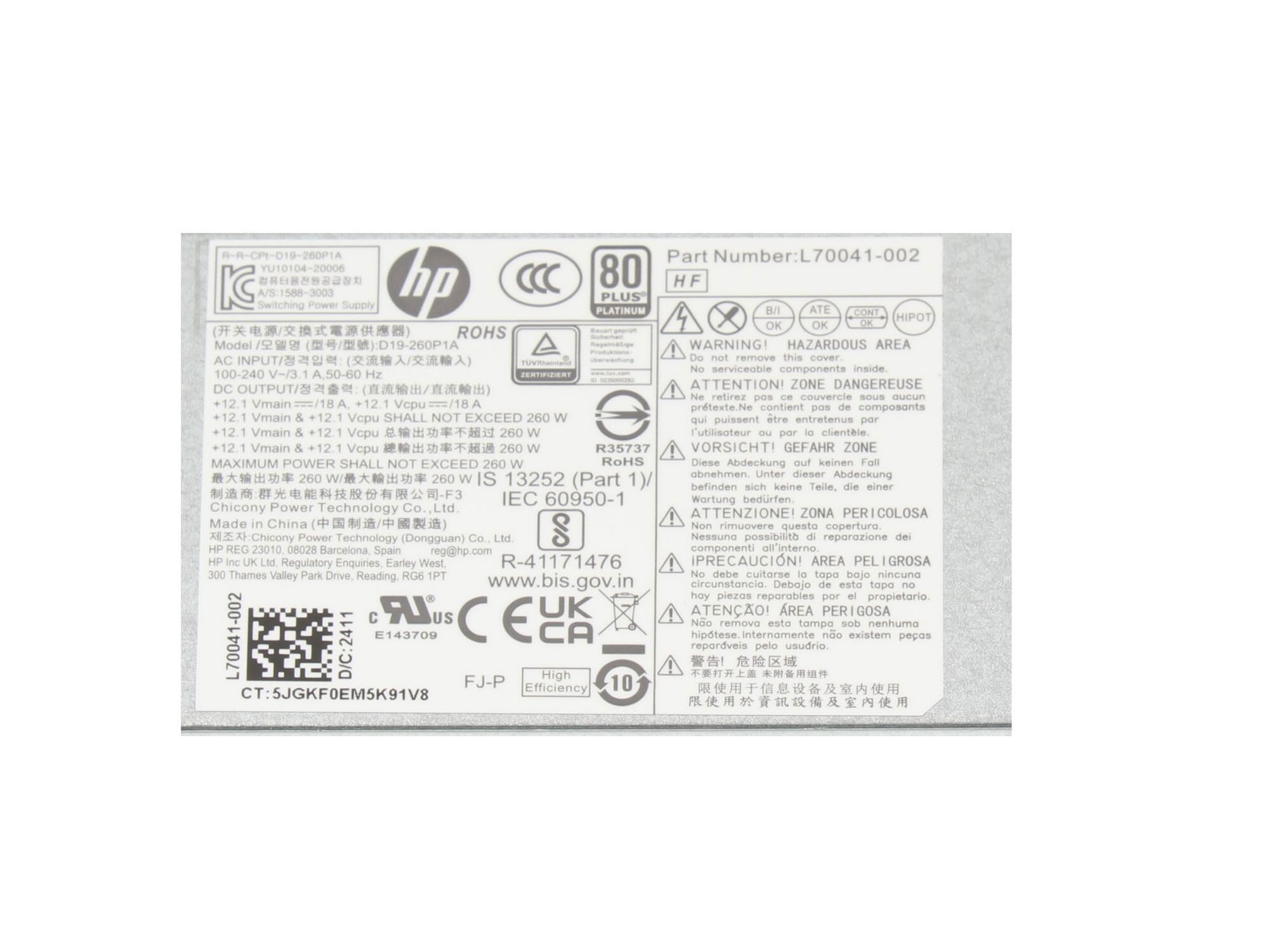 HP M09033-001 Originale Desktop-PC Alimentatore 260 Watt | per EliteDesk 800 G6 Tower,EliteDesk 800 G4 Tower-PC,ProDesk 600 G6 MT