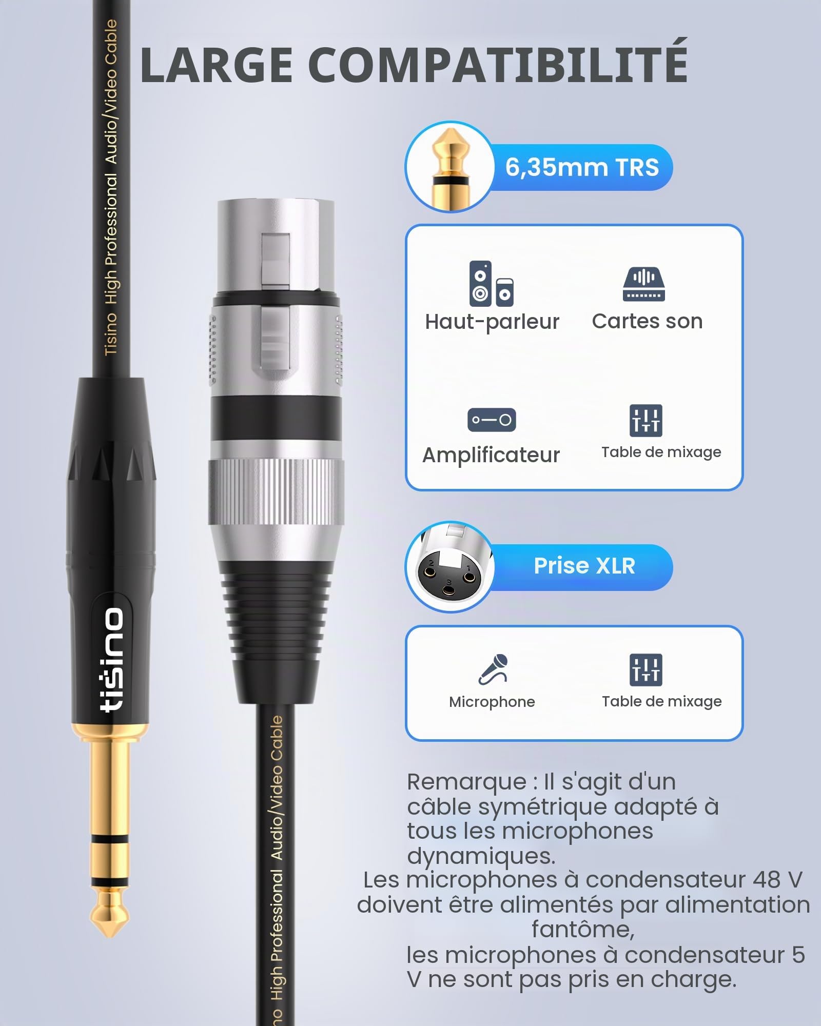 Tisino Câble XLR vers Jack 6,35 mm, Câble XLR Femelle vers Jack Stéréo TRS 6.35 mm pour Hautparleur, Microphone, Amplificateur, Mixeur- 1M