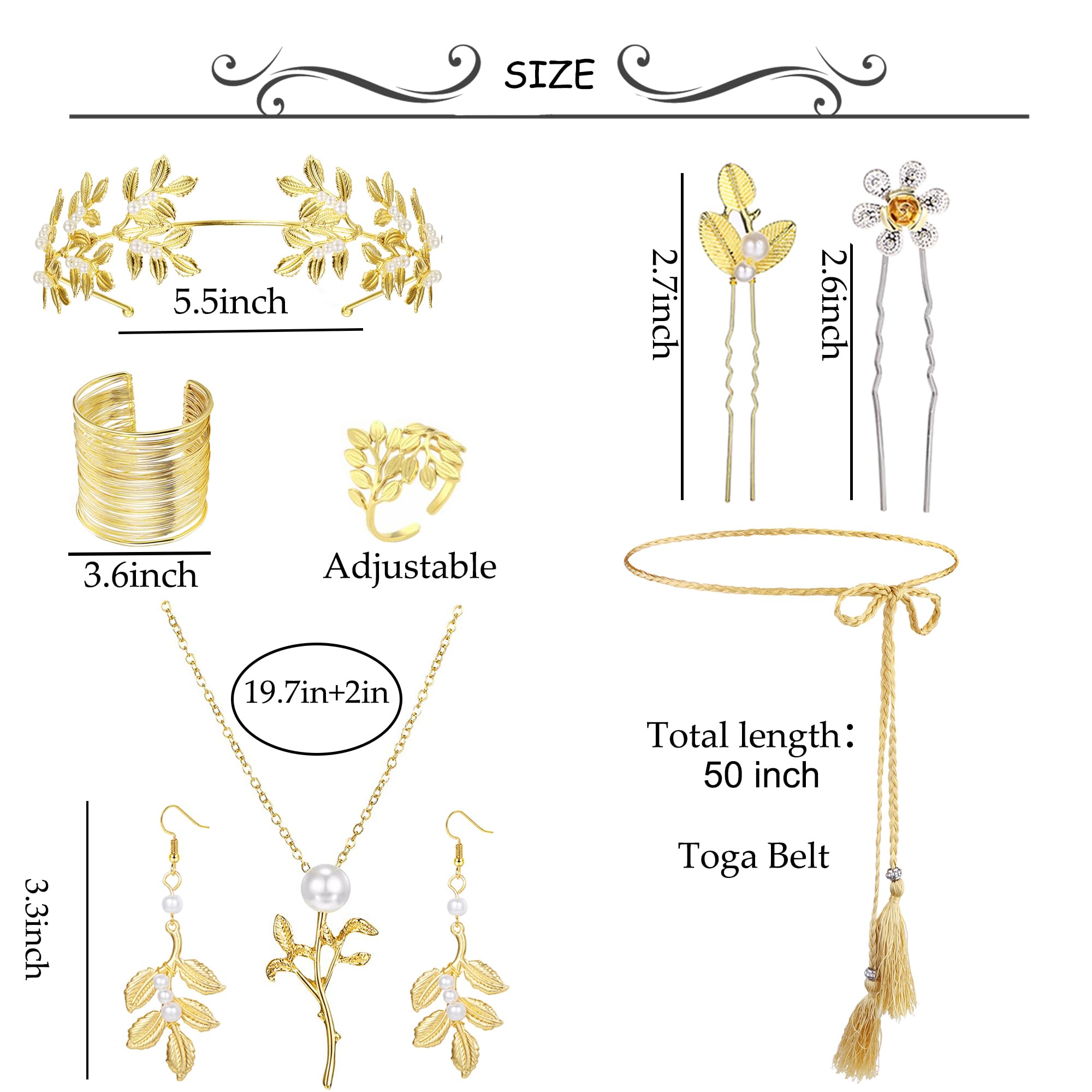 YUTUYOHA 15 Pieces Greek Goddess Costume Accessories Set Golden Laurel Leaves Crown Upper Arm Coil Bracelet Necklace Pearl Drop Earrings Toga Waist Belt Bridal Wedding Party(Pearl)