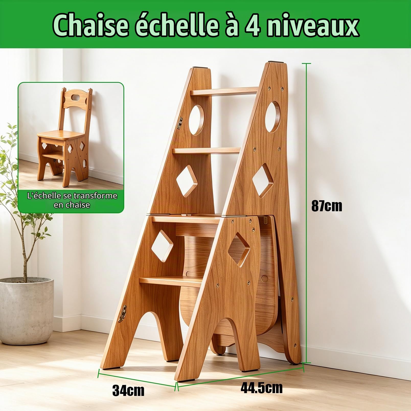 4 Marches Escabeau, 2-en-1 Marchepied et Chaise, Marchepied Domestique | Chaise de Bibliothèque Pliante en Bois Massif (Charge Maximale 180 kg), Escabeau pour Cuisine, Maison et Bibliothèque
