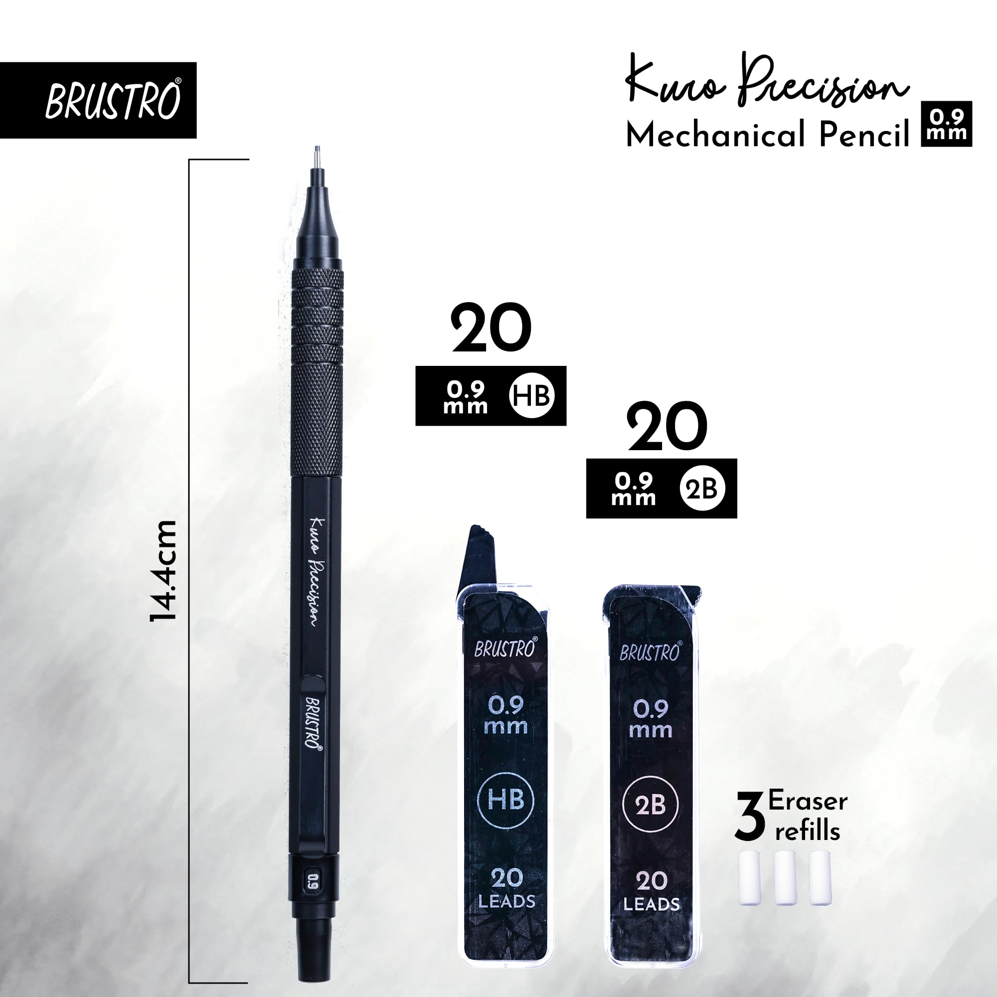 BRUSTRO Kuro Precision Mechanical Pencil | Tip Size - 0.9mm With 20 - HB and 20-2B leads, 3 Eraser Refills| Ideal For Writing, Sketching, Drawing, Mandala Arts and Fine Art Students 3