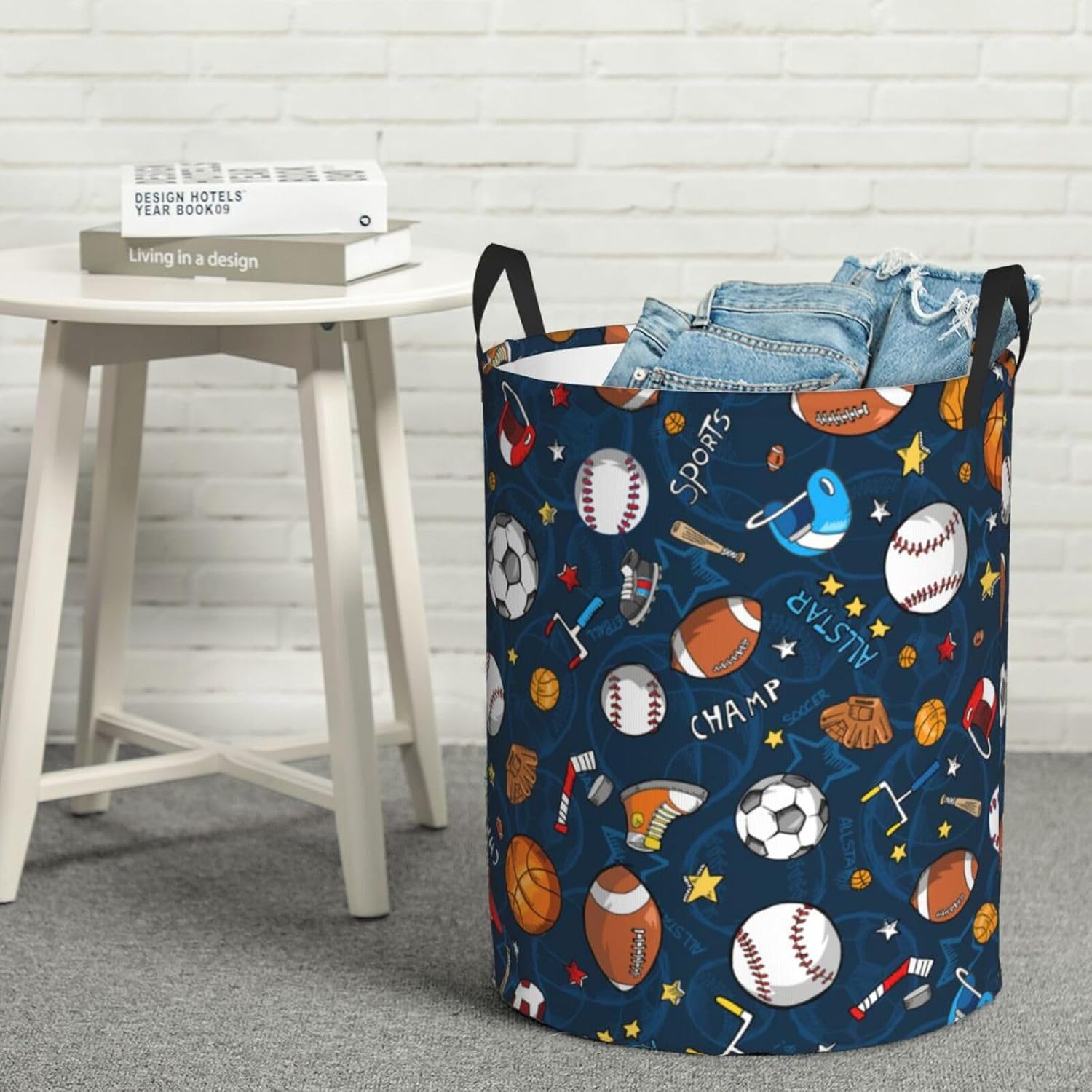 Sports Baseball Game Print Circular Protable Storage Bin,Basket For Laundry Hamper With Handles Bedroom Clothes