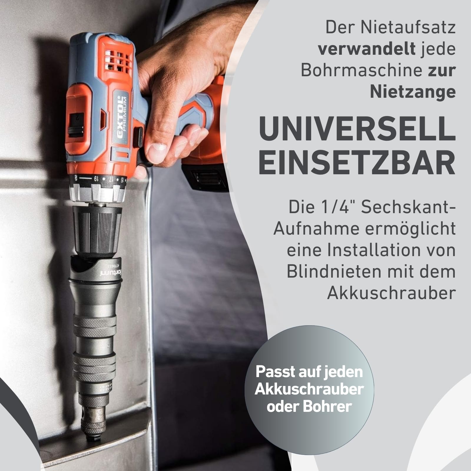 Nietaufsatz für Akkuschrauber & Bohrmaschine I Nietgerät für Blindnieten aus Alu, Stahl & Edelstahl I Blindnietvorsatz für 2,4-4,8 mm Nieten I Nietpistole Adapter