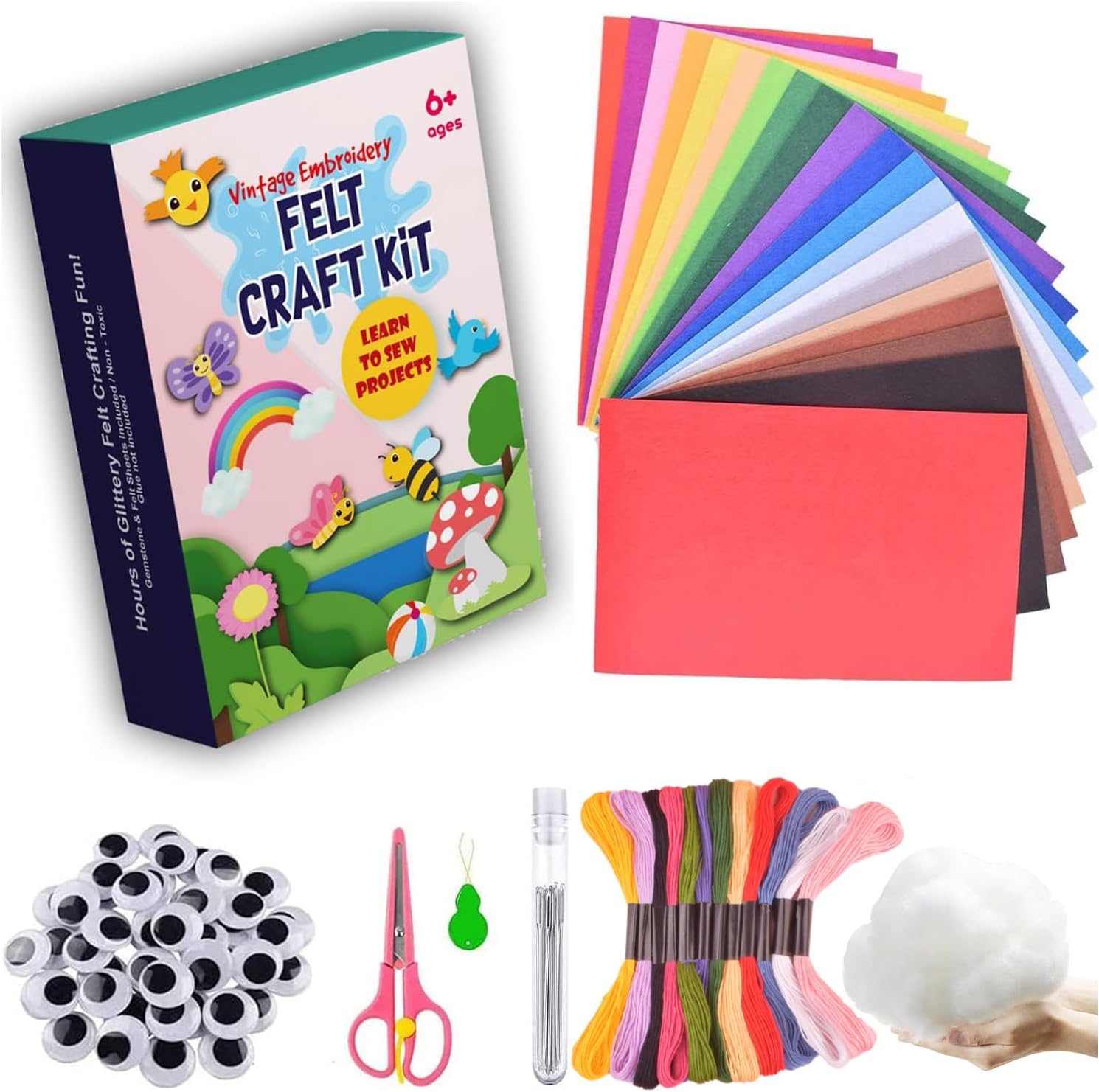 Full Sewing Felt Sheets Craft Kit, 20Pcs 8"x 12" Assorted Color Craft Felt Sheets, with Wiggle Eyes, Embroidery Floss Etc for Crafts DIY, Home Decor, Sewing,School Projects