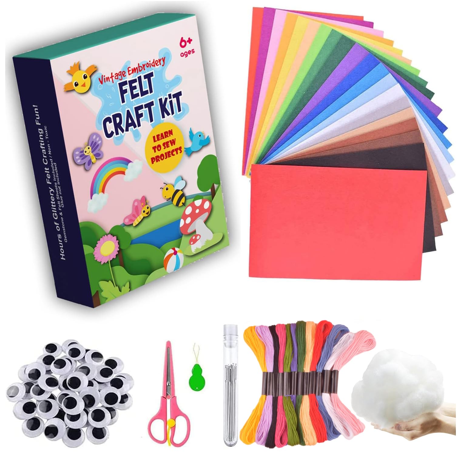 Full Felt Fabric Sheets Craft Kit, 20Pcs 8"x 12" Assorted Color Craft Felt Sheets, with Wiggle Eyes, Embroidery Floss Etc for Crafts DIY, Home Decor, Sewing,School Projects