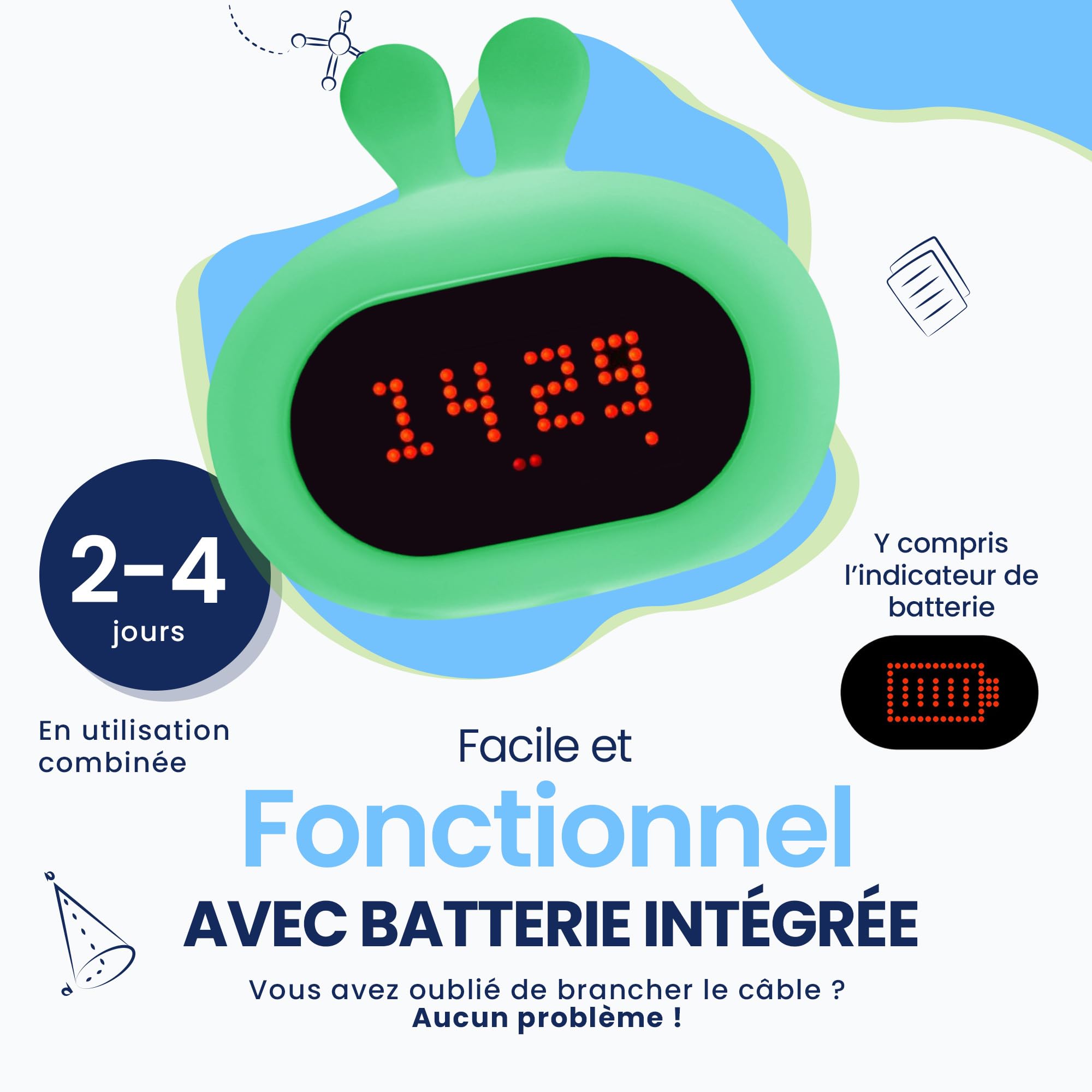 Réveil Enfant Lapin (Blanc) - avec Expressions Faciales et Fonction Tapotement - Lumière de Réveil - Entraîneur de Sommeil - Veilleuse - Jouet Numérique