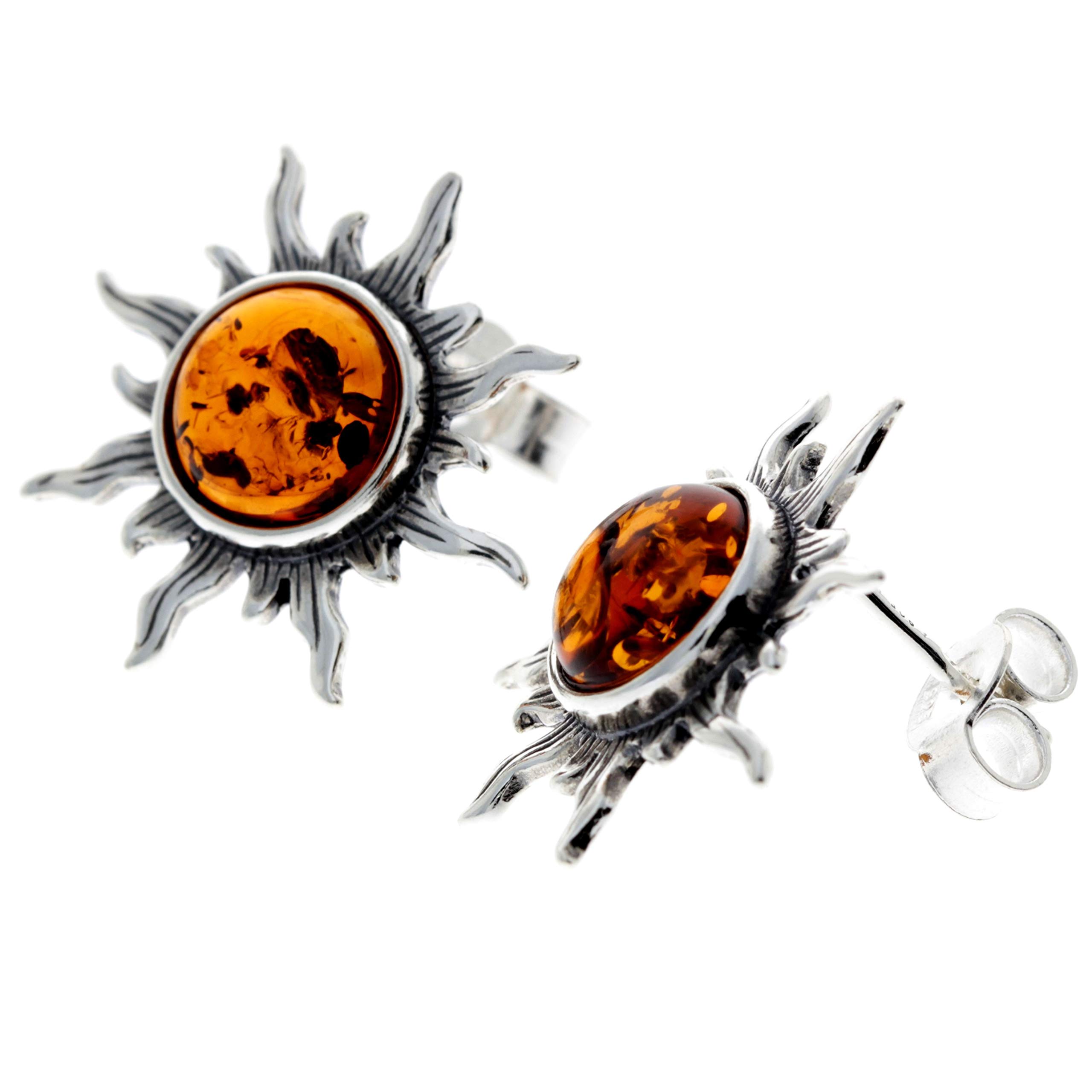SilverAmber Jewellery UK - Srebro próby 925 z bursztynem bałtyckim - Kolczyki owalne w kształcie gwiazd i słońca - 8222