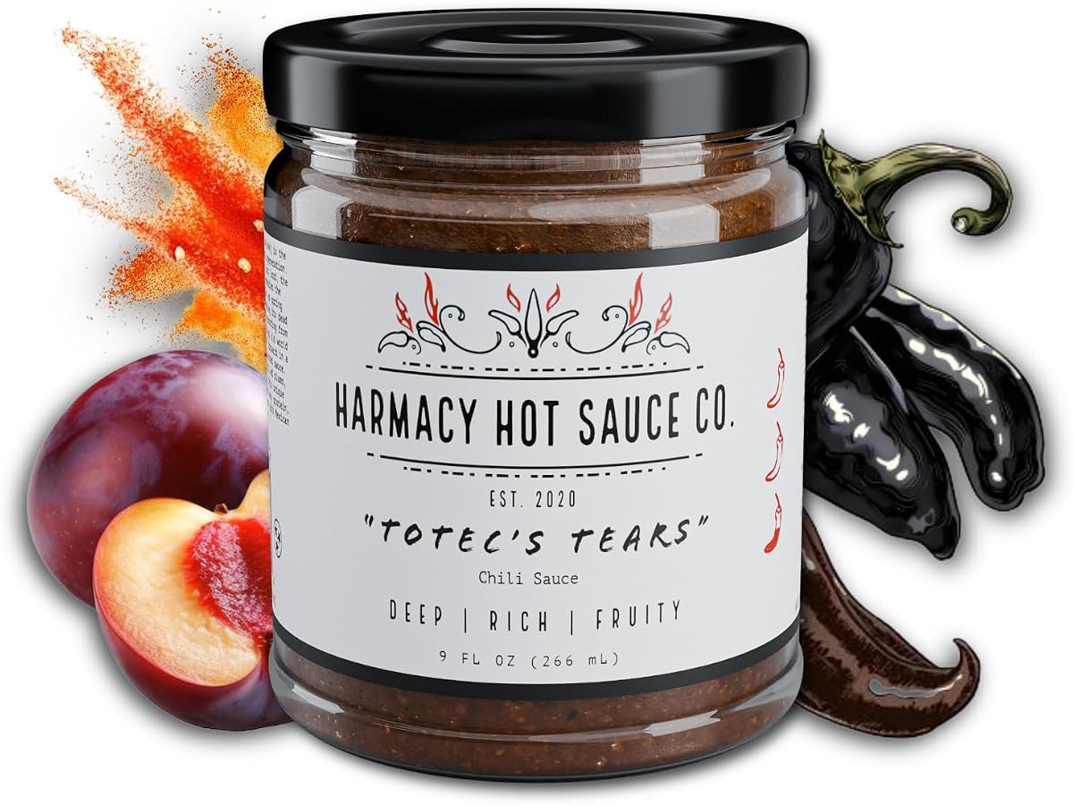 Totec's Tears - Gourmet Chili & Grilled Plum Pepper Sauce by Harmacy Hot Sauce Co, 9oz, with Sweet Heat and Smoky Depth, Small-Batch Artisan Spicy Sauce – Vegan, Gluten-Free, Bold Balanced Flavor