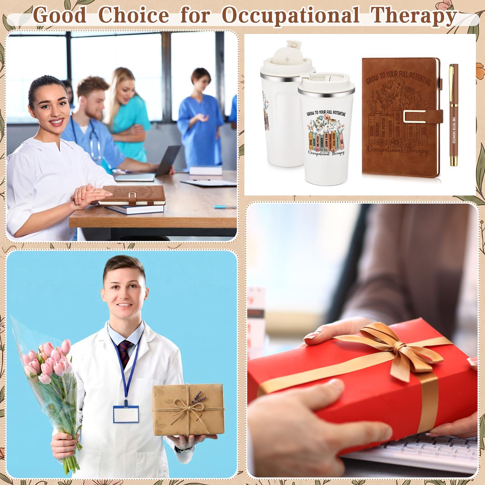 Pickmesh 3 Pcs Occupational Therapist Gifts Set 17 oz Coffee Tumbler A5 Leather Notebook Journal Pen Occupational Therapy Appreciation Ot Gifts for Women Men Graduation Birthday Holiday
