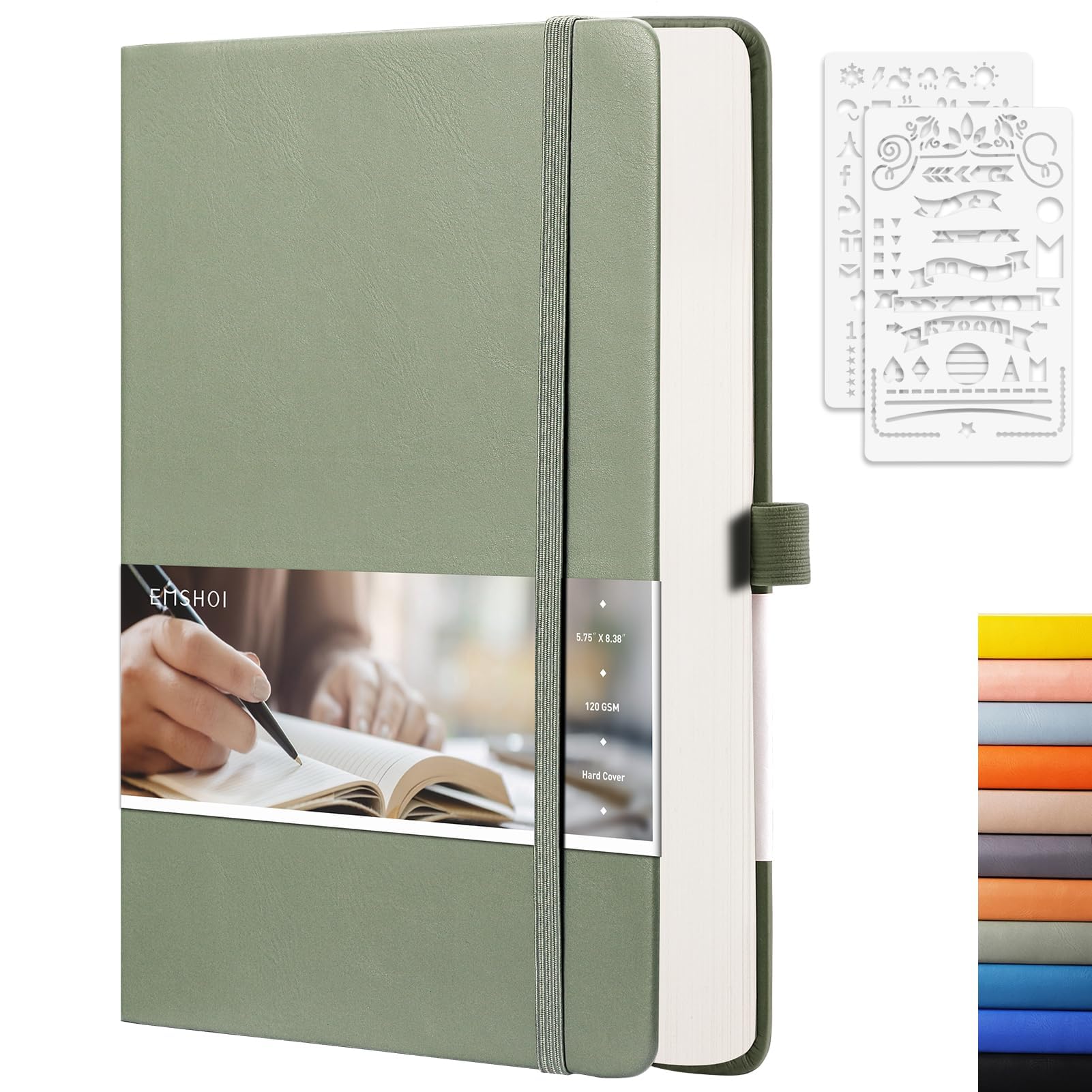 EMSHOI Taccuino punteggiato – 256 pagine A5 griglia punteggiata, carta spessa 120 g/m², 16 pagine perforate, pelle PU liscia, tasca interna, 14 x 21 cm, verde
