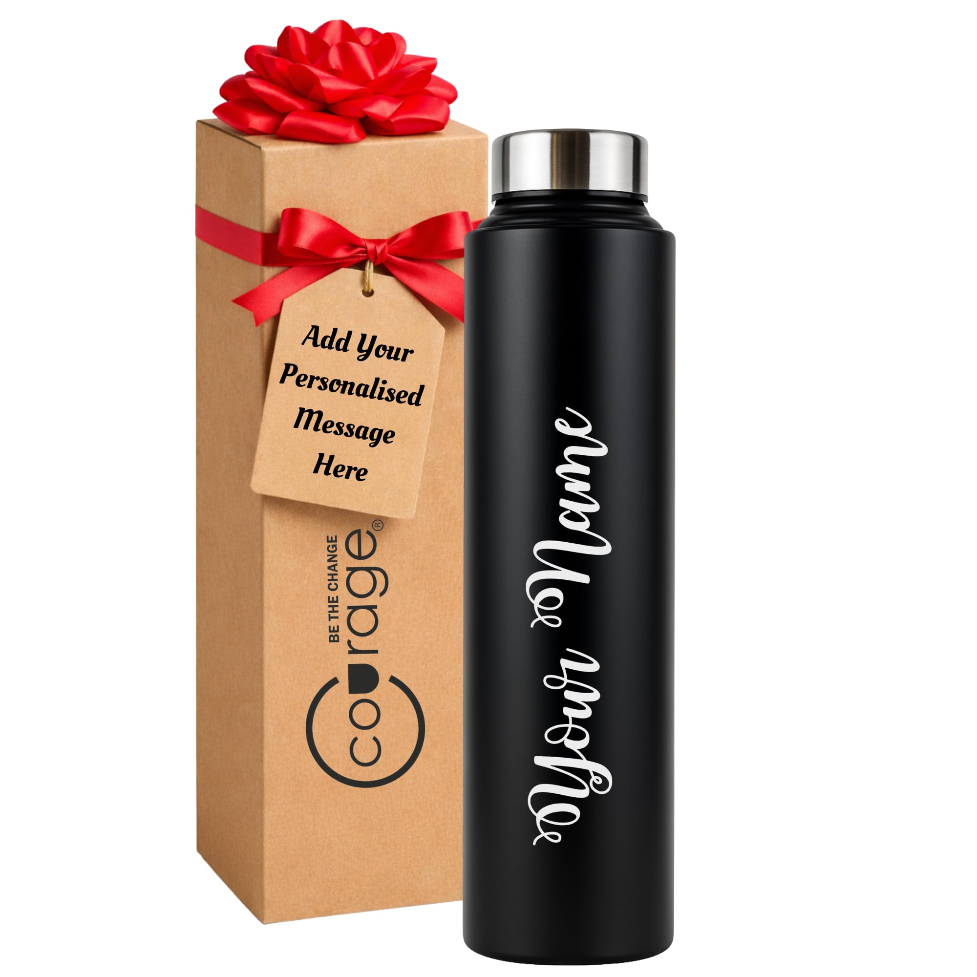 COURAGE ; BE THE CHANGE 1000ML Customized | Personalized | Name | Logo Print for Gifting & Employee Appreciation on Stainless Steel Water Bottle for Office & School(Shine Black)