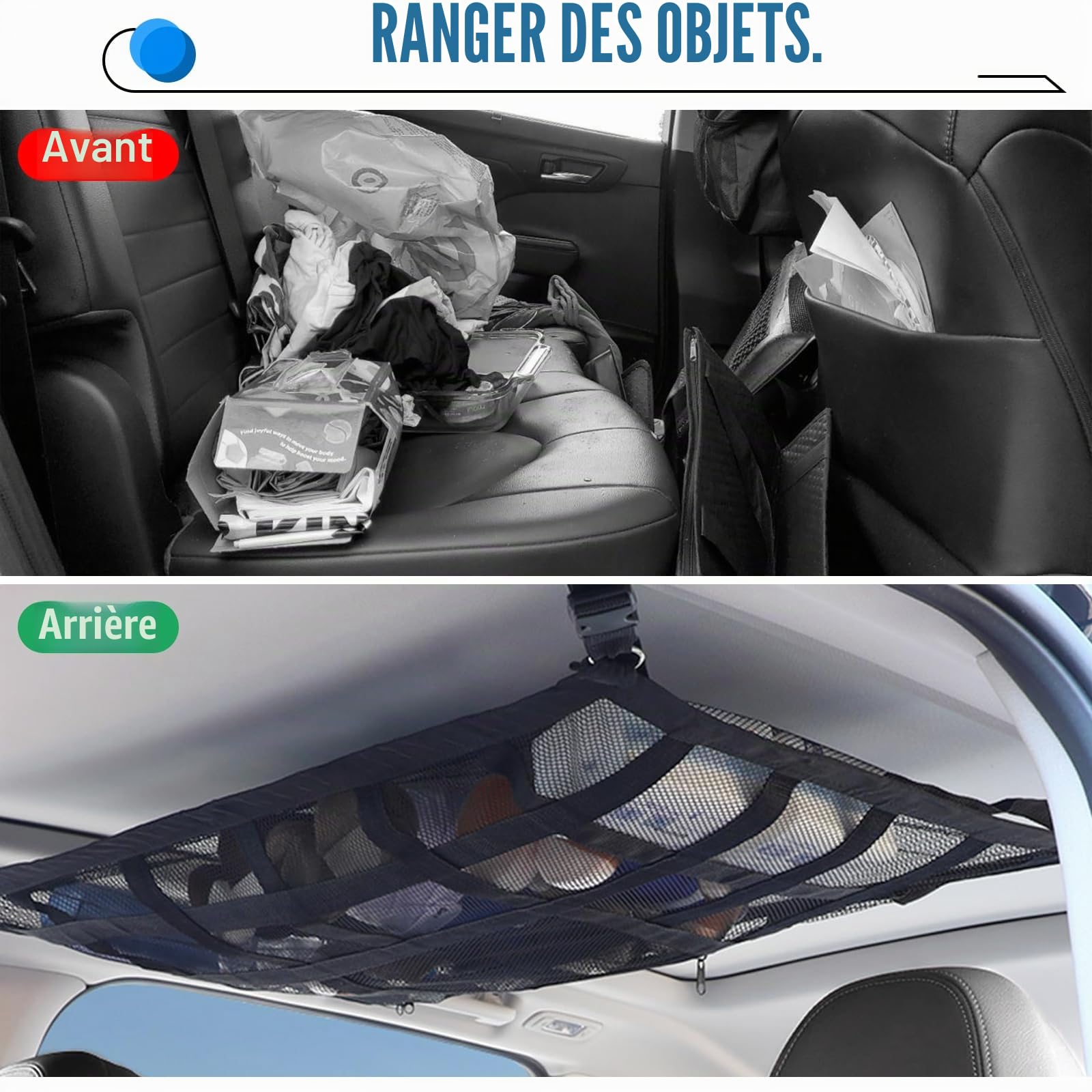 Filet à bagages pour voiture, 90x65cm Filet de toit pour voiture à l'intérieur et filet de siège gratuit, renforcement en forme de X, filet de rangement pour camping-car, SUV, fourgon, Jeeps
