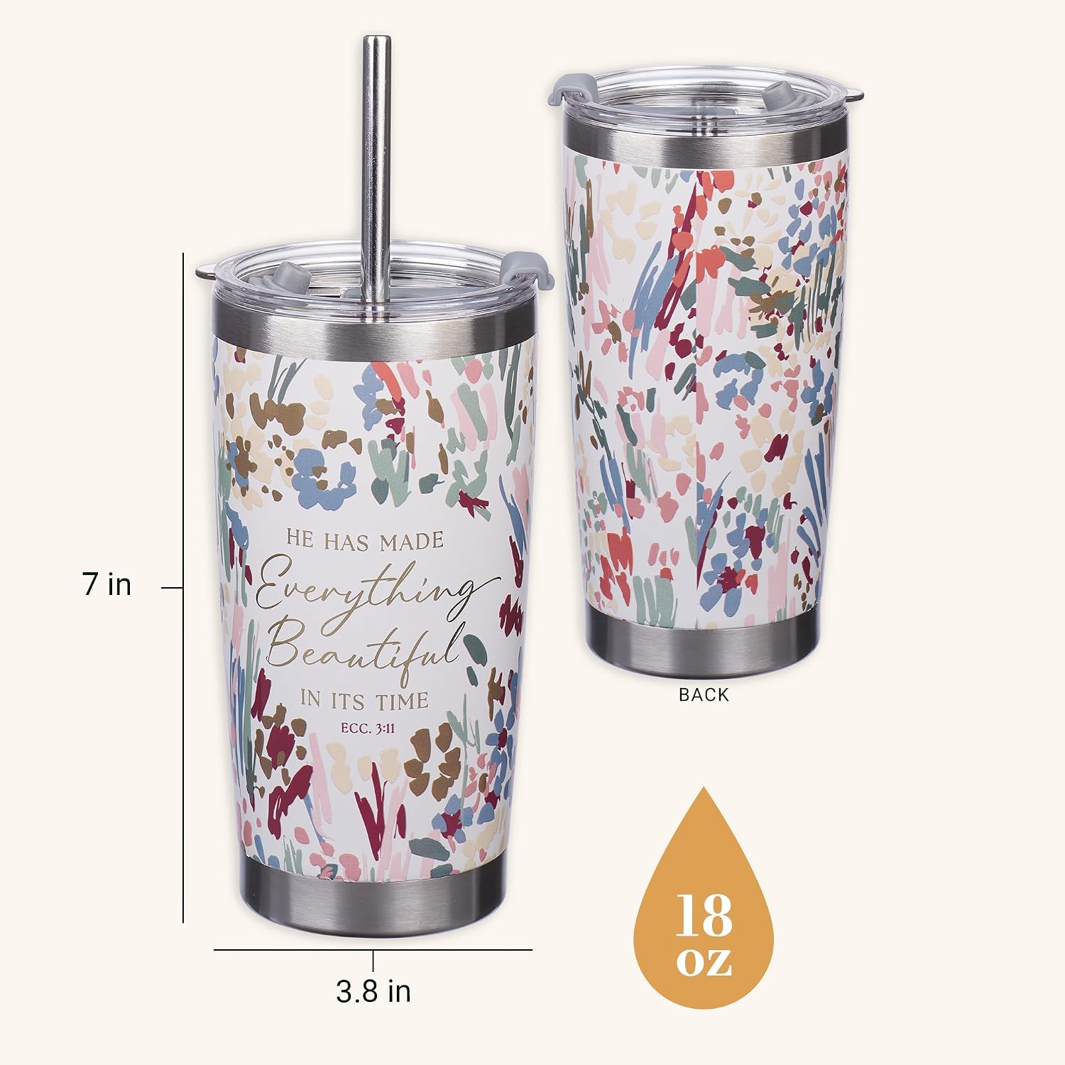 Christian Art Gifts Large Travel Tumbler for Women Stainless Steel Vacuum Insulated Inspirational Scripture: Everything Beautiful, Lid, Straw, White & Pink Floral, 18 oz.
