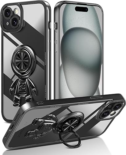 LONTECT Funda para iPhone 15 Plus a prueba de golpes, protección de cuerpo completo, soporte de anillo de astronautas, delgada y transparente,