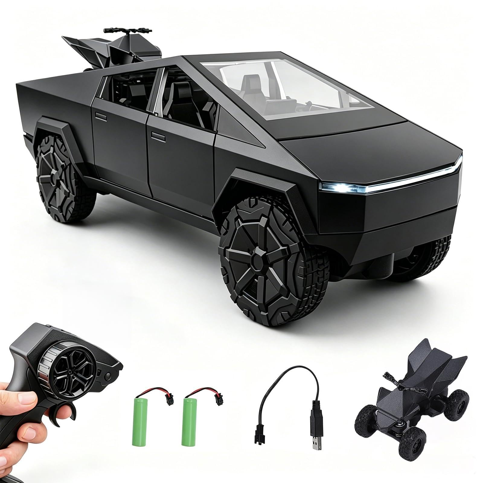 Hylukon 1:24 Scale RC Alloy Pickup Truck, 2.4G Cyber Truck All-Terrain with Light Sound Effects 5 Channel Remote Control Metal Body Opening Doors Detachable (Black)