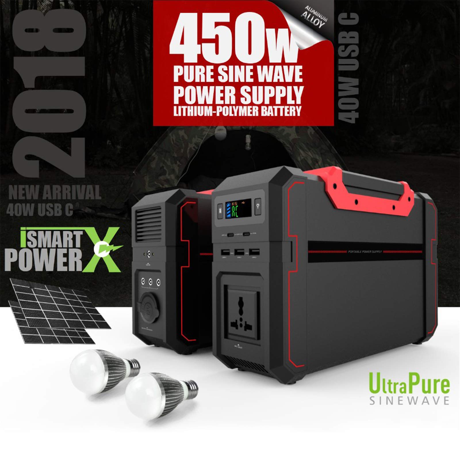444Wh Generador Solar Portátil 450W Portátil Fuente Alimentación Batería Litio con Salida AC Onda Sinusoidal Pura Puertos USB DC para Exteriores Camping Hogar Emergencia