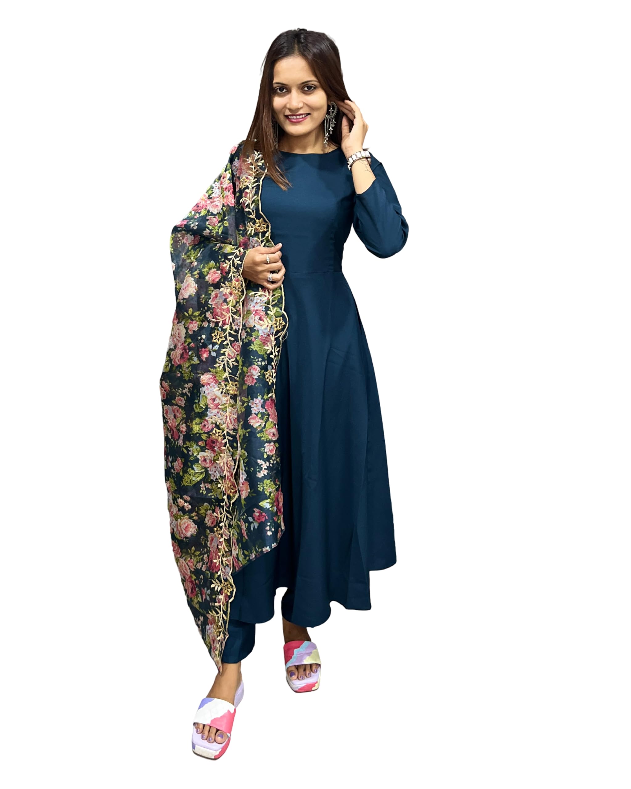 Women's Rayon Attractive Embroidery Worked Gown with Printed Organza Dupatta-image-47