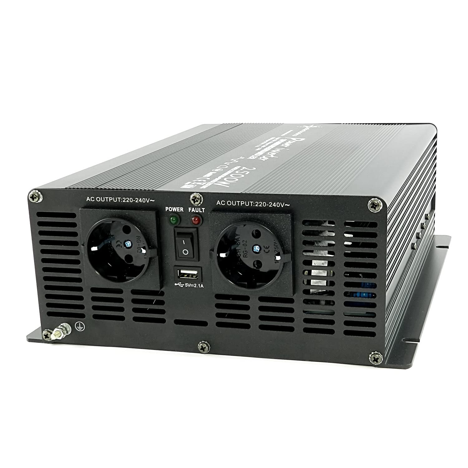 SOLARTRONICS Transformador de tensión NM2500 12 V 2500 W Negro – 5000 W de Potencia máxima – inversor de 12 V a 230 V – Batería de Plomo o AGM Compatible – con Conector Schuko y USB