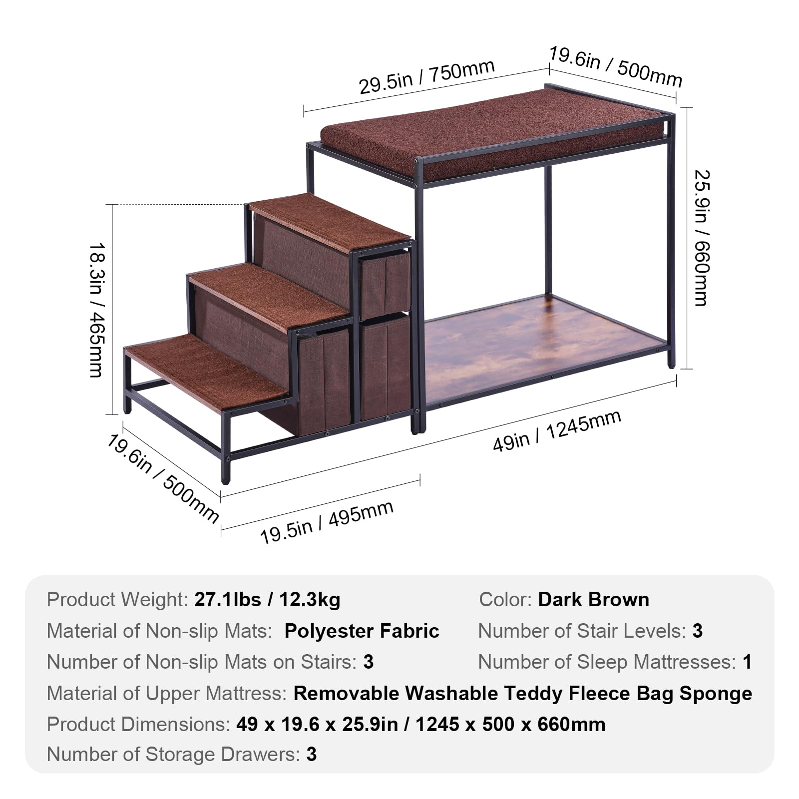 VEVOR Litera para Mascotas con Escaleras de 1245 x 500 x 660 mm, Percha para Ventana para Perros o Gatos con Espacio de Almacenamiento para Uso en Interiores, Hogar, Cerca de Cama y Ventana, Marrón